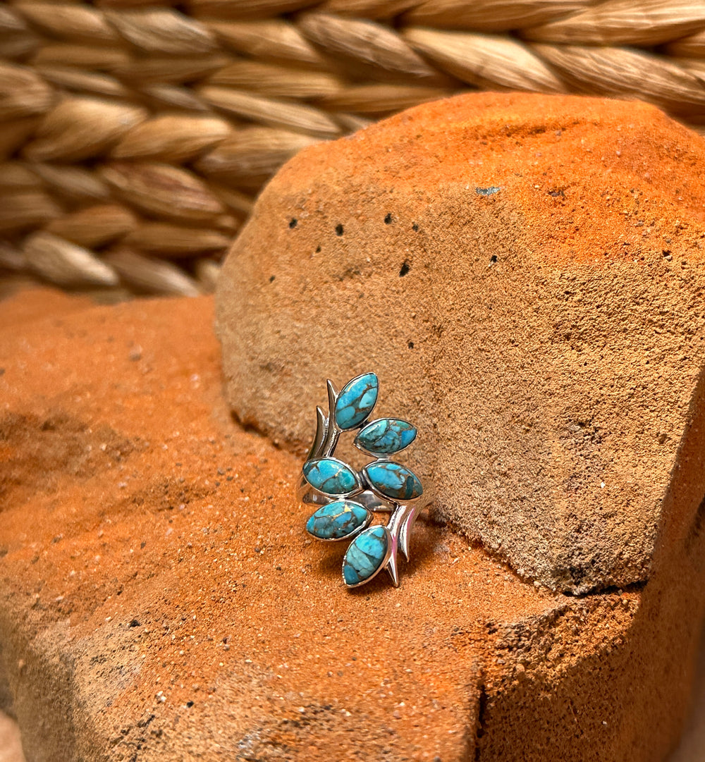 Sterling Silver Six Leaf Copper Turquoise Ring Size 6.5
