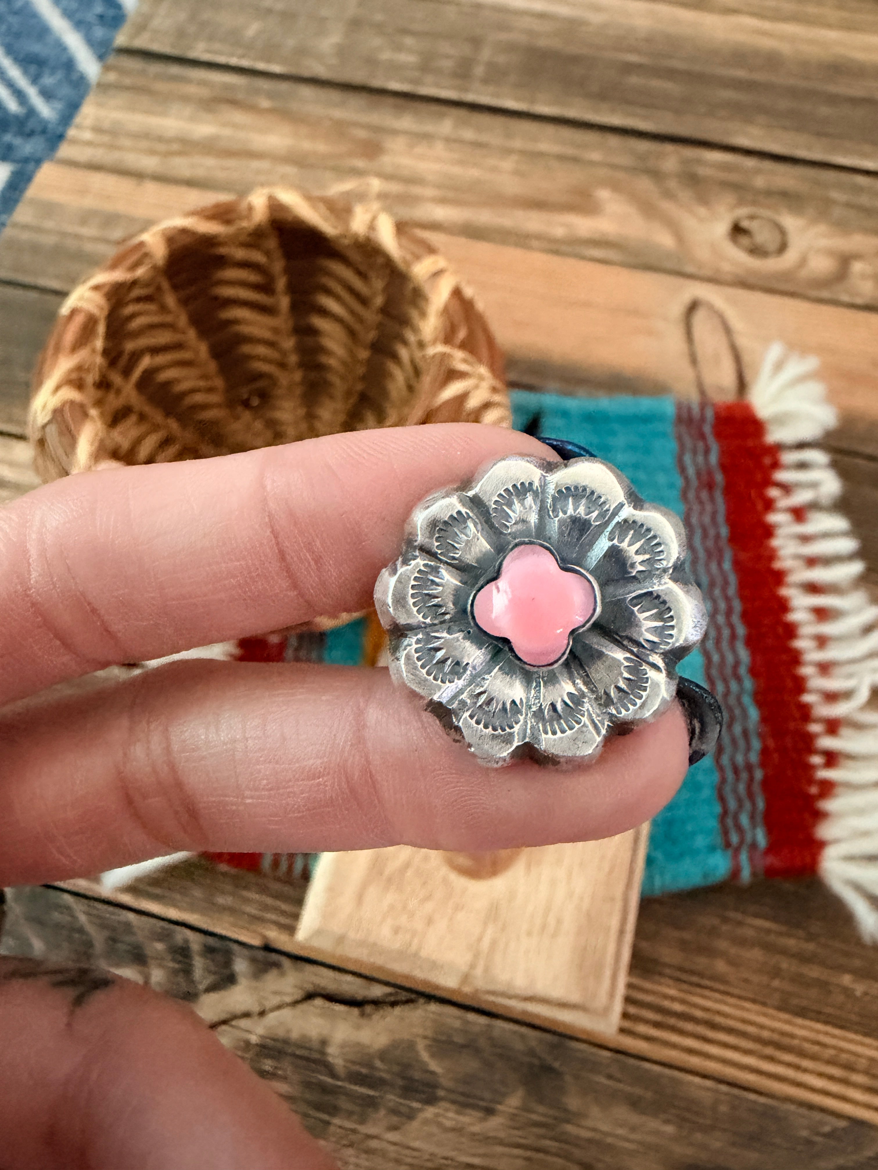 Handcrafted Queen Pink Conch and Sterling Silver Flower Ring size 7.5 by Chimney Butte