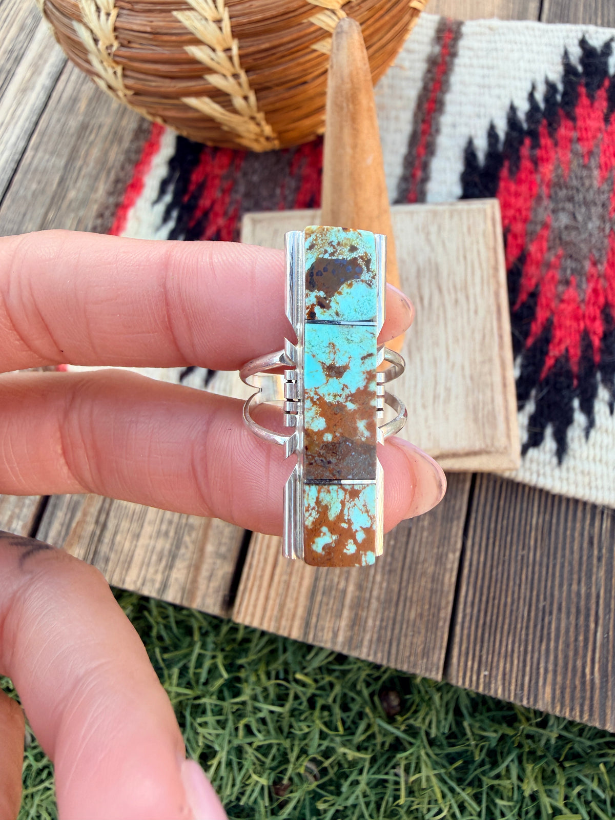 Handcrafted Turquoise & Sterling Silver Inlay Ring Size 6.75
