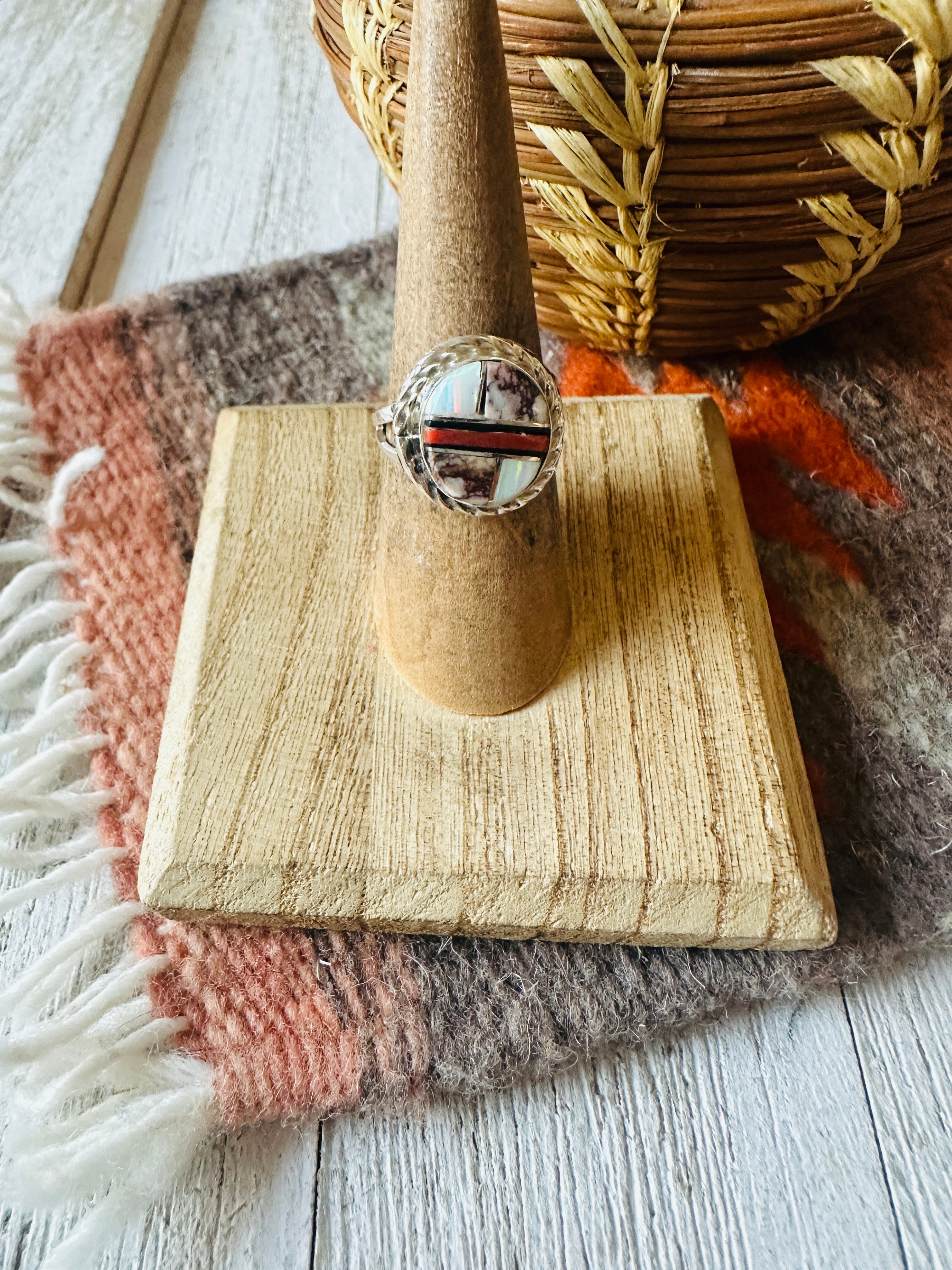 Navajo Sterling Silver & Multi Stone Inlay Ring Size 6