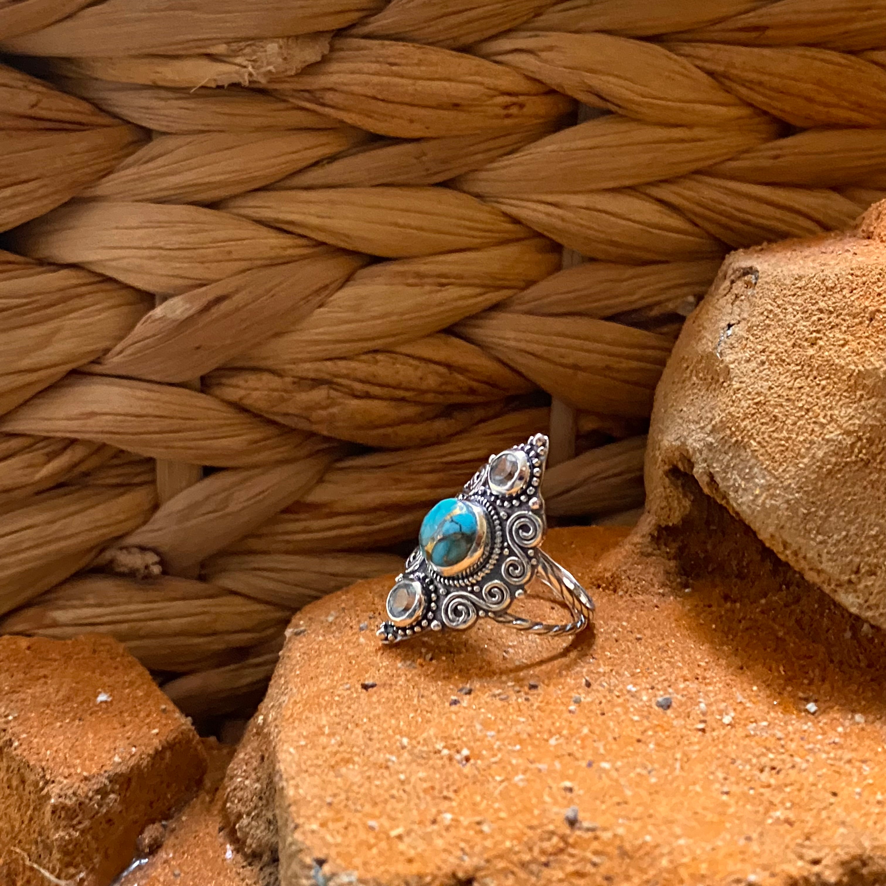 Sterling Silver Etched Copper Turquoise & Blue Topaz Ring Size 6.5