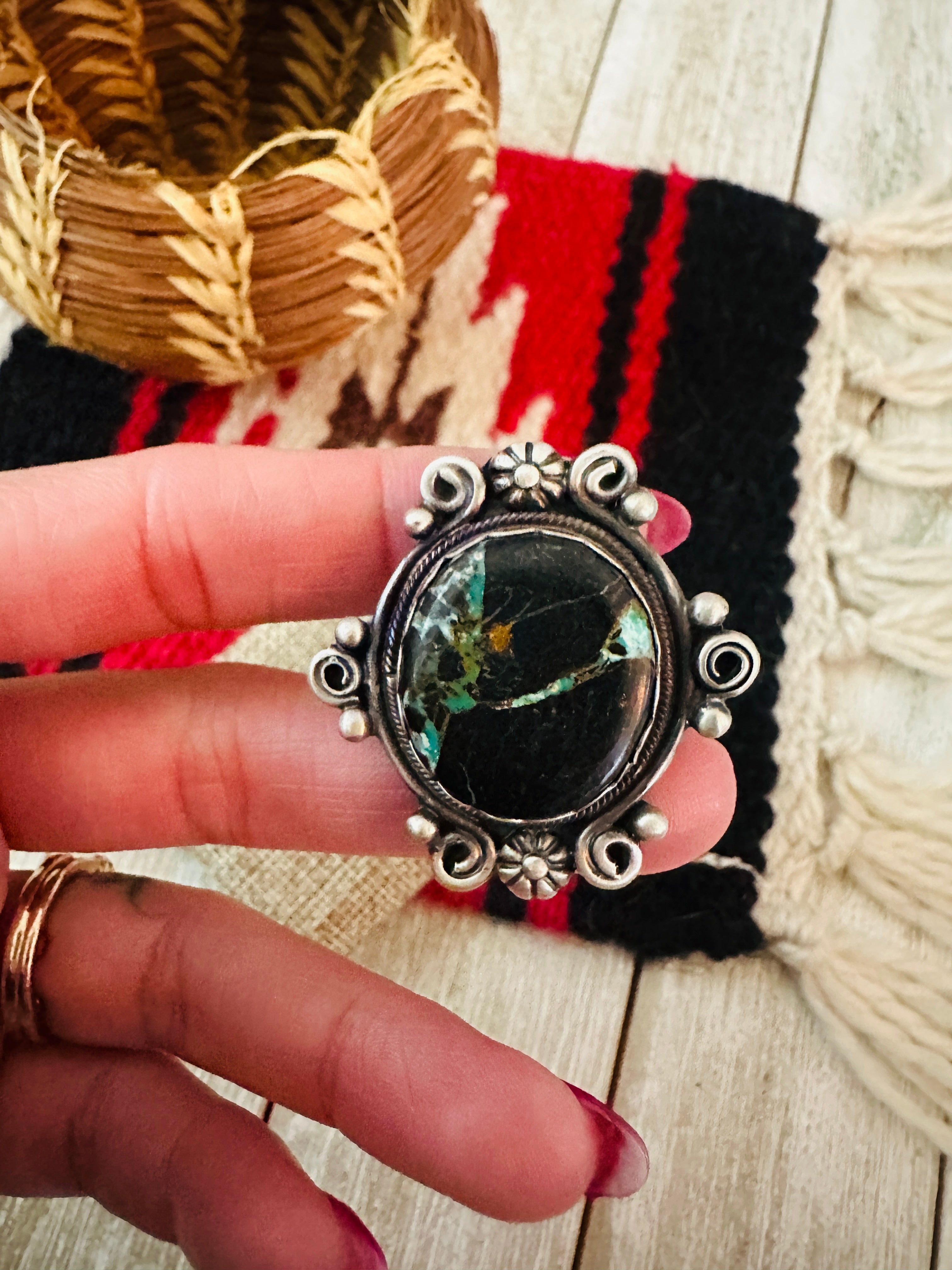 Handcrafted Blackjack Turquoise & Sterling Silver Ring Size 7.5 by Jam