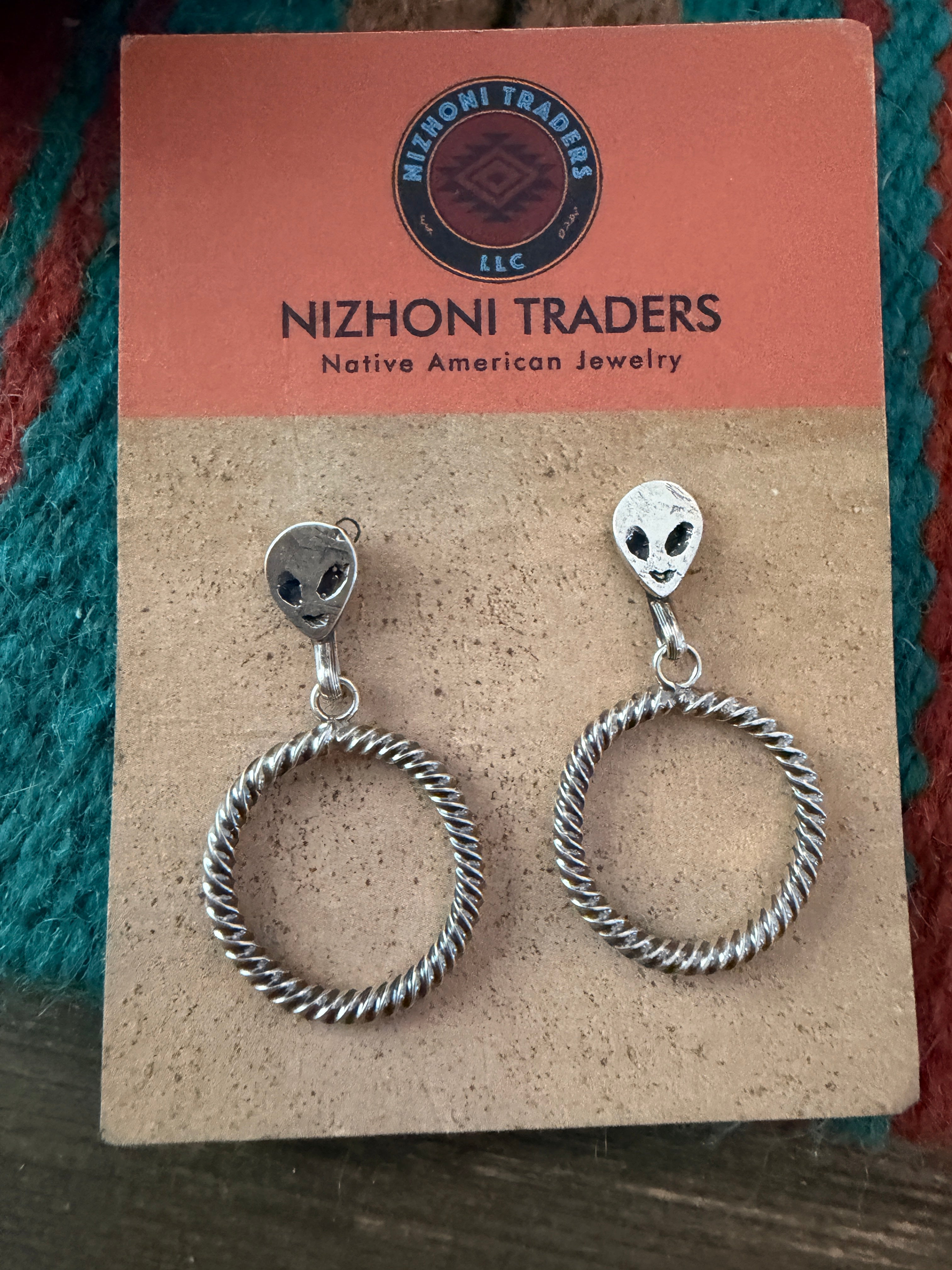 Handcrafted Sterling Silver Alien Dangle Hoop Earrings