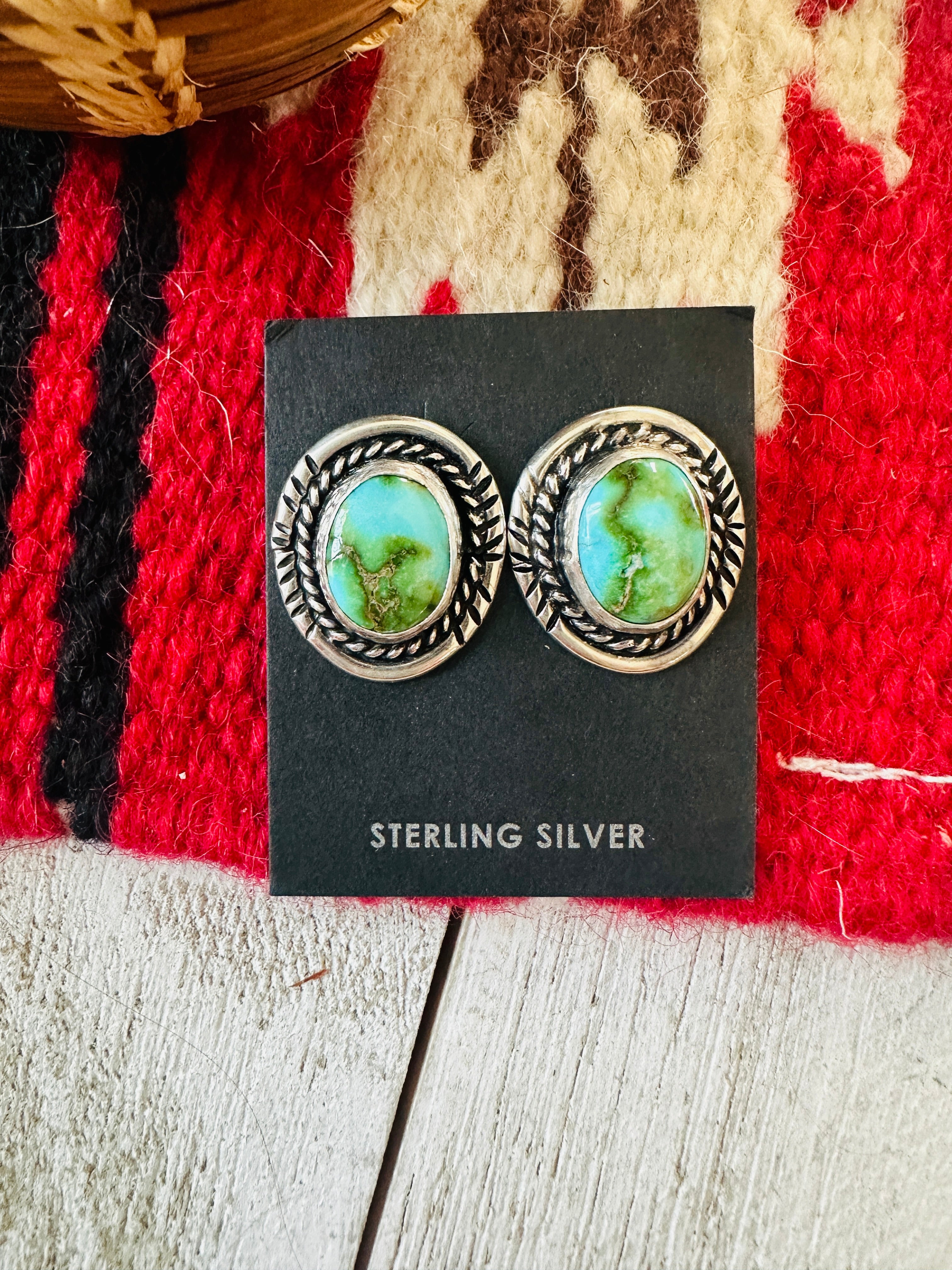 Navajo Sonoran Mountain Turquoise & Sterling Silver Stud Earrings Signed