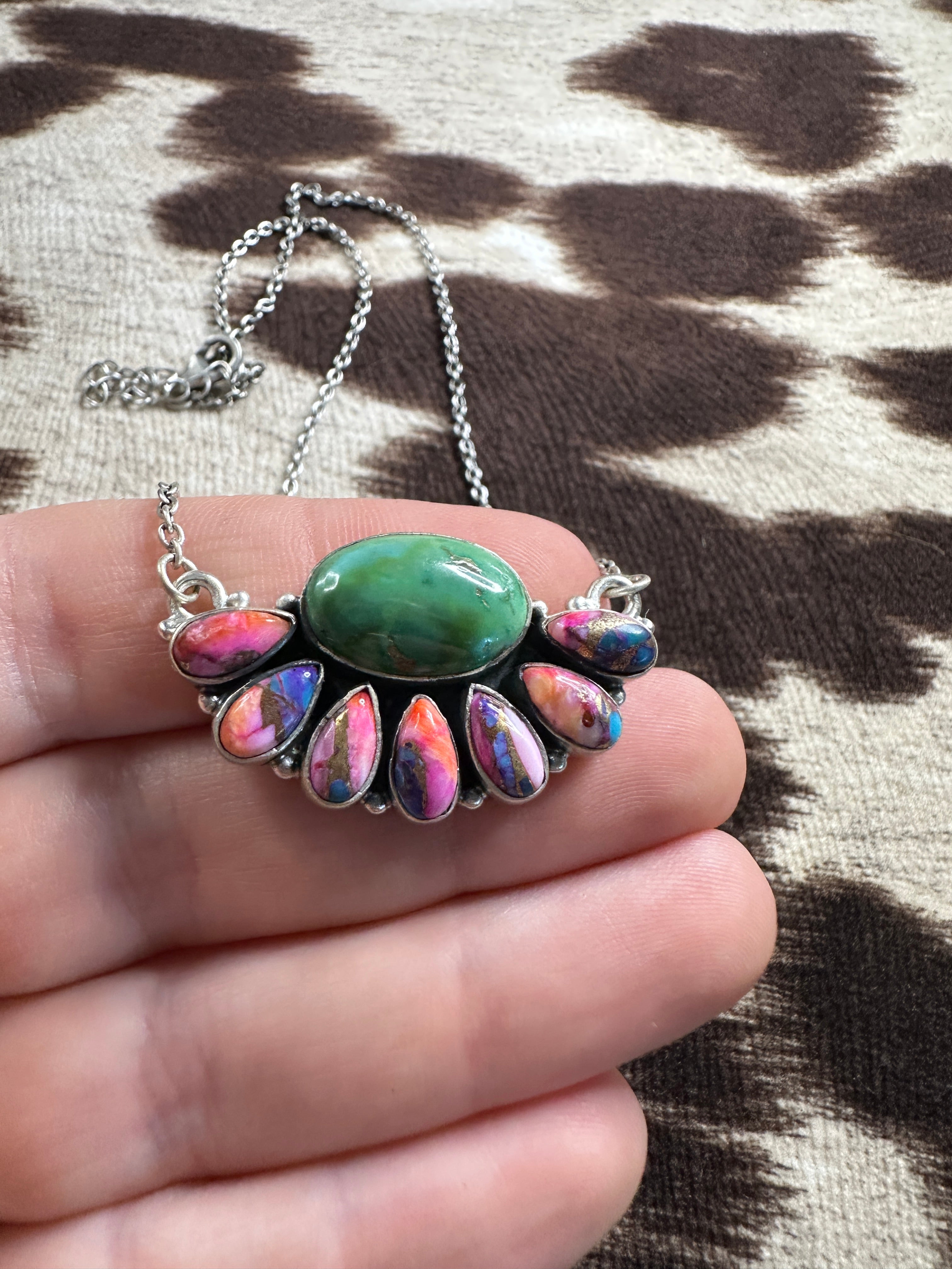 Handmade Pink Dream Mojave, Turquoise & Sterling Silver Crescent Necklace