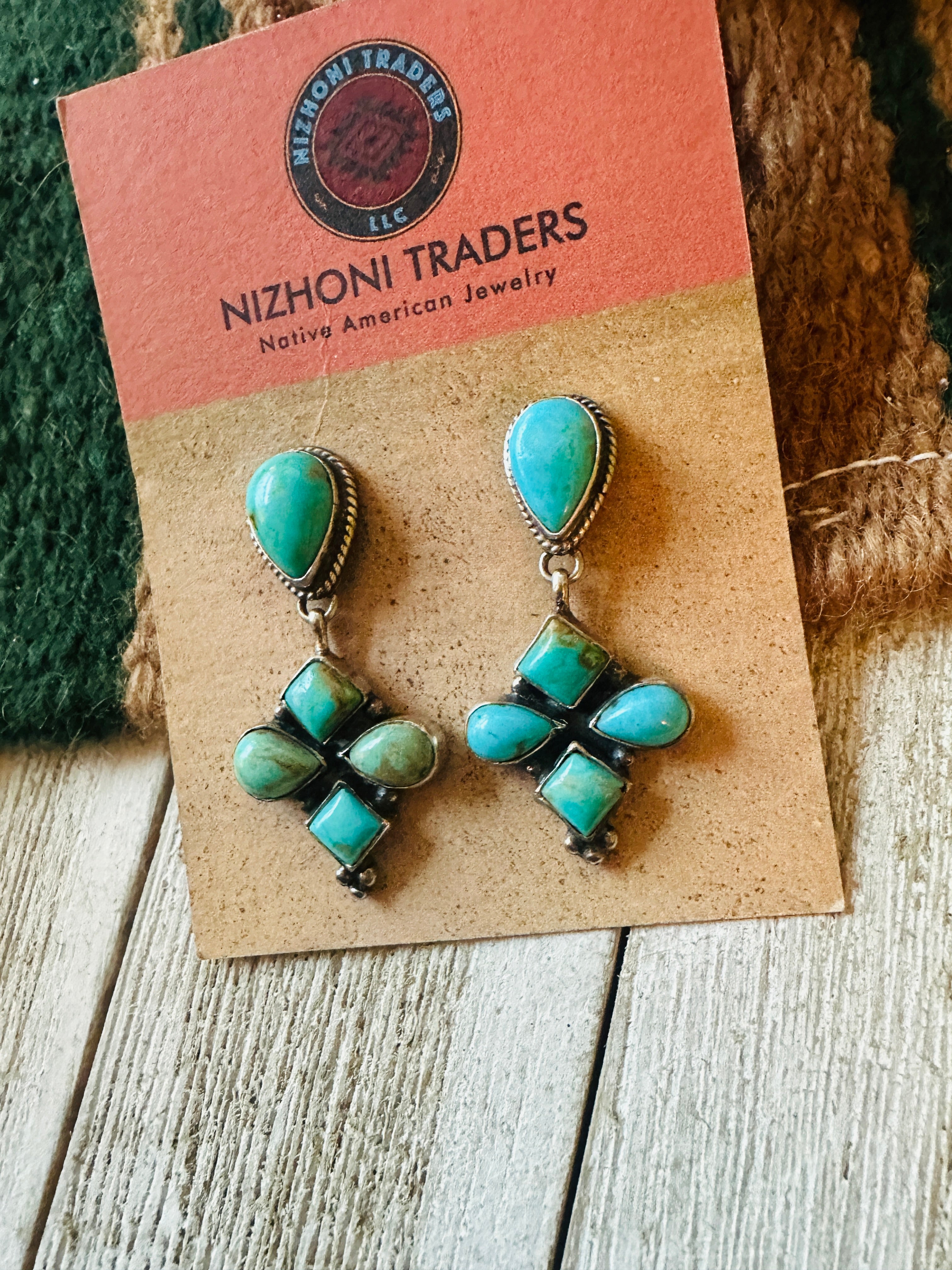 Navajo Turquoise & Sterling Silver Cluster Dangle Earrings