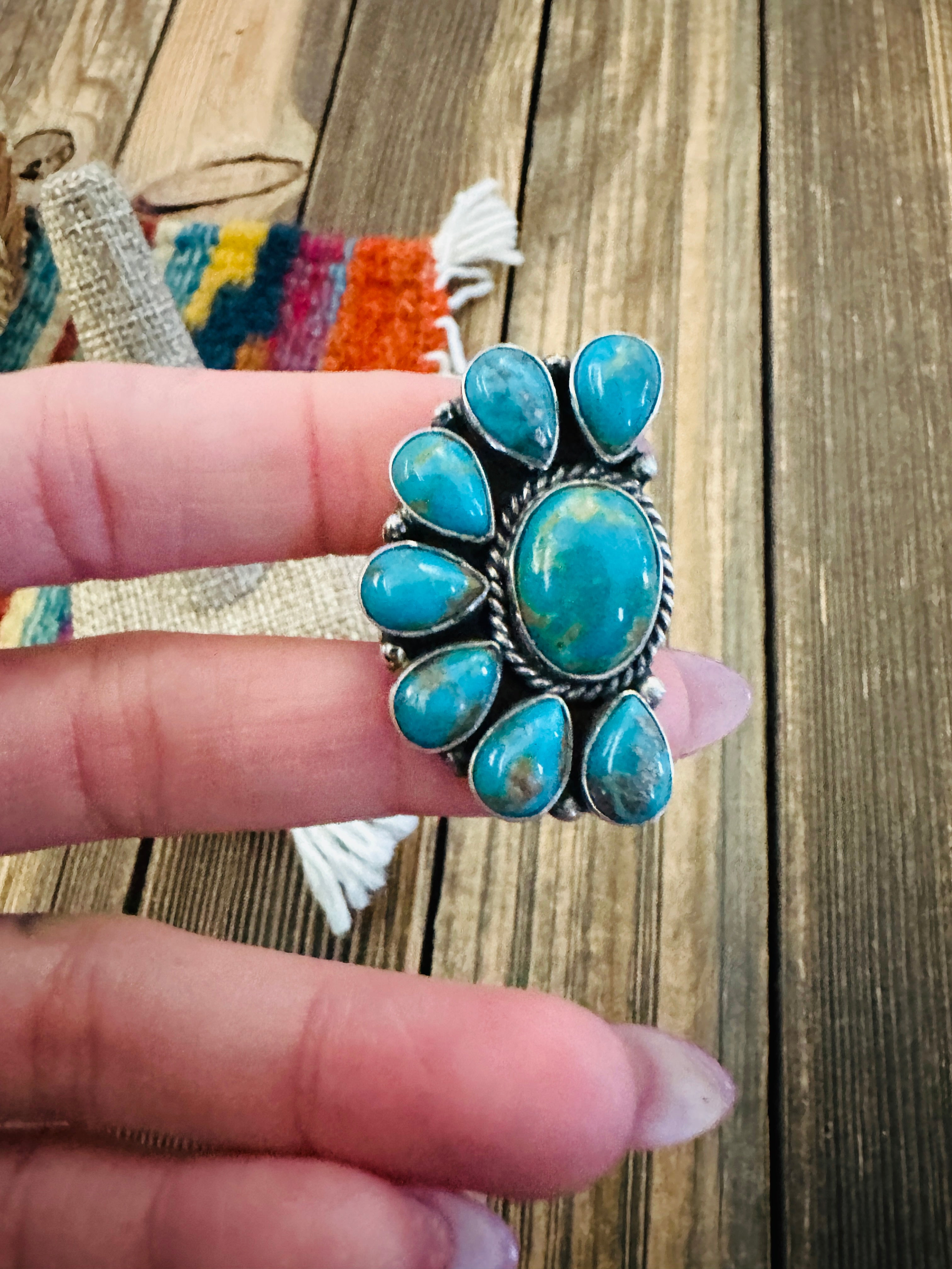Handcrafted Turquoise & Sterling Silver Adjustable Cluster Ring by Elouise Richards