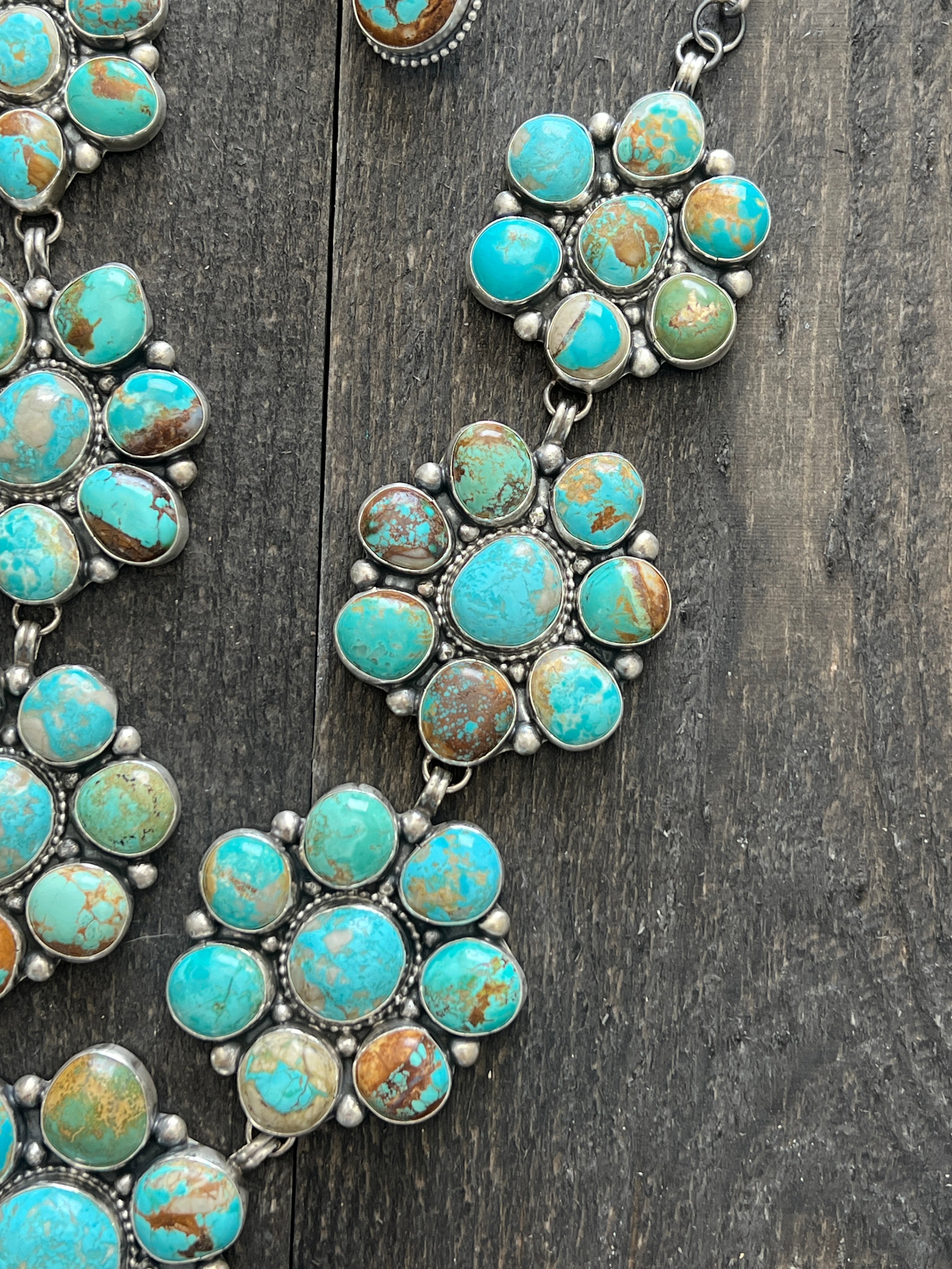 Handcrafted Big Mama Sterling Silver and Royston Turquoise Cluster Necklace with Matching Earrings by Sheila Becenti