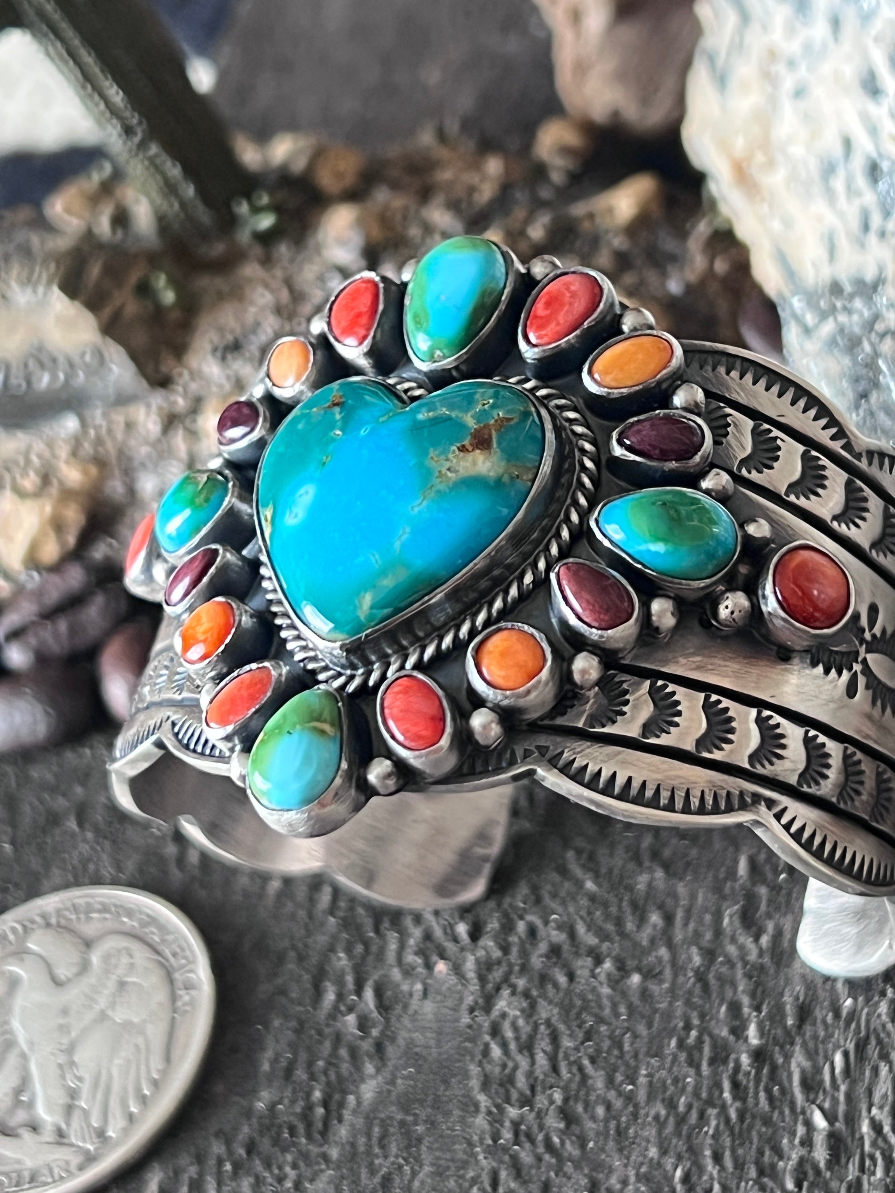 Handcrafted Sterling Silver Electric Rainbow Sonoran Turquoise and Spiny Oyster Cluster Cuff Bracelet by Murphy Platero