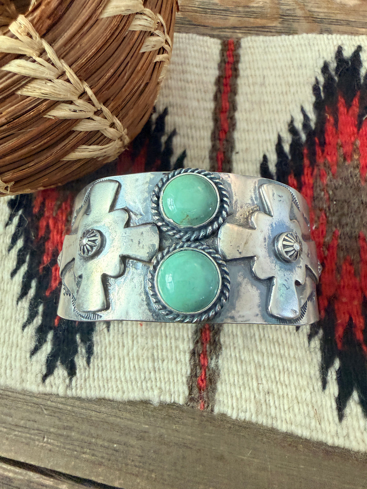 Handcrafted Turquoise & Sterling Silver Cross Cuff Bracelet by Larry Kaye