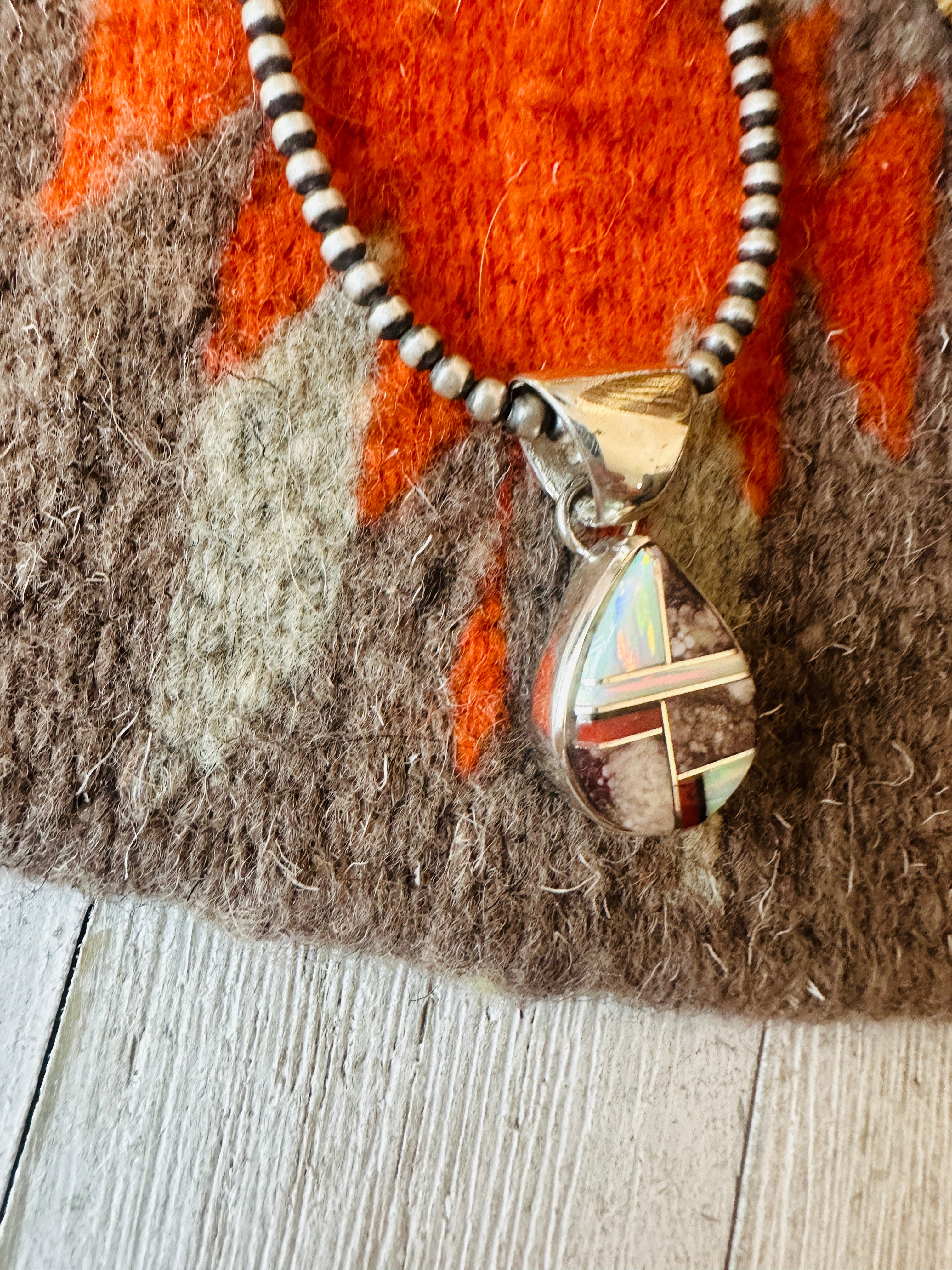 Navajo Multi Stone & Sterling Silver Inlay Teardrop Pendant