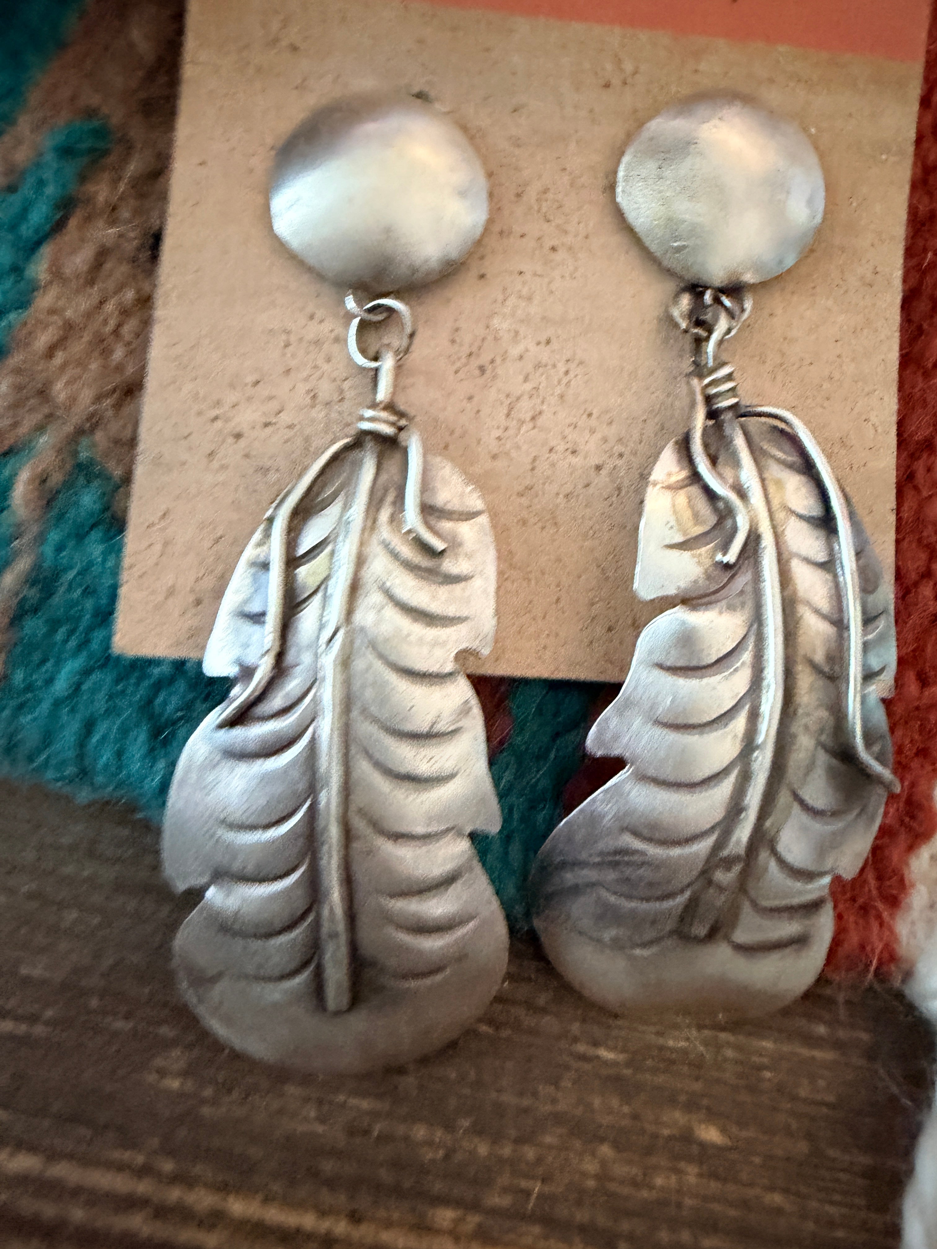 Handcrafted Sterling Silver Concho Feather Dangle Earrings