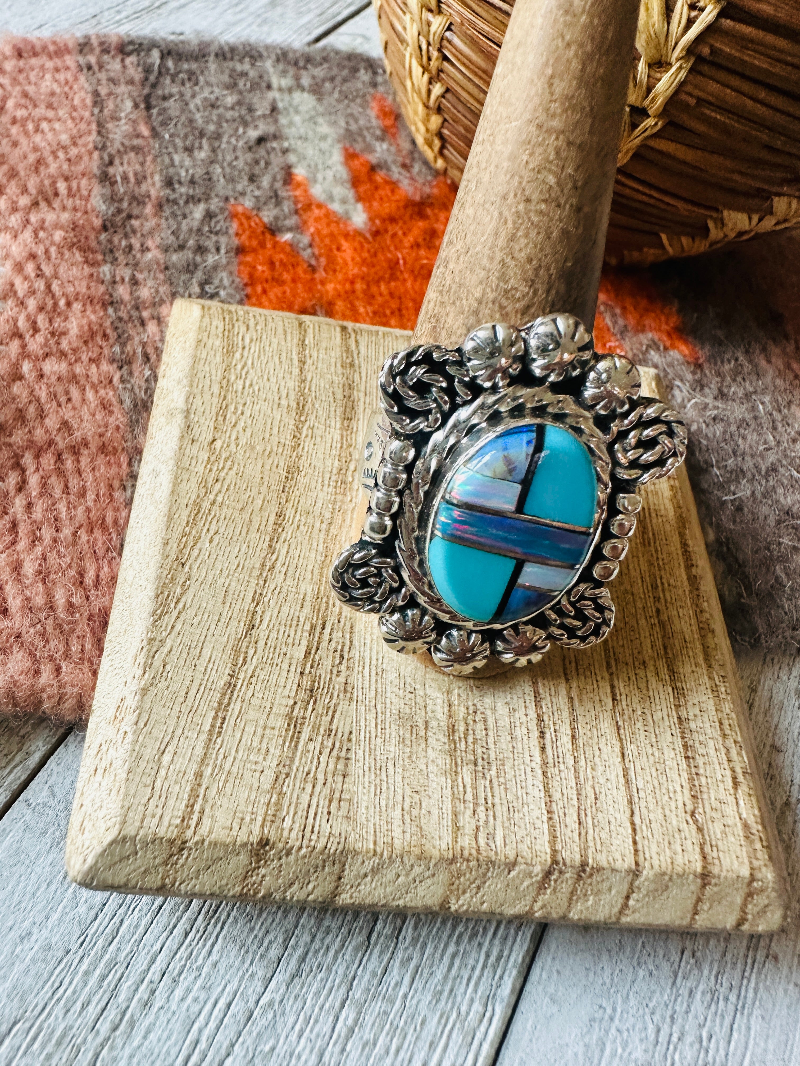 Navajo Sterling Silver & Multi Stone Inlay Ring Size 10