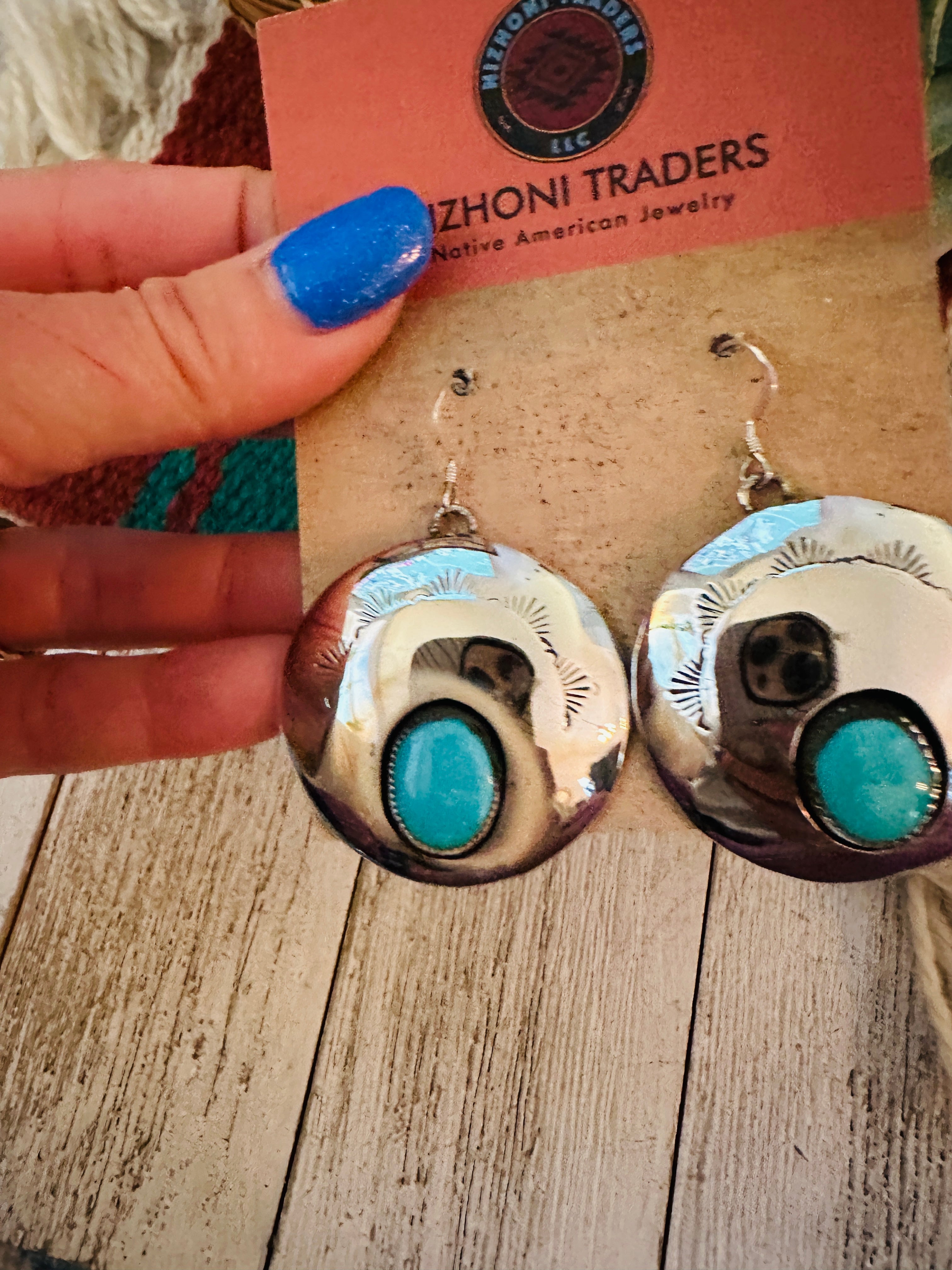 Navajo Hand Stamped Sterling Silver & Turquoise Dangle Earrings