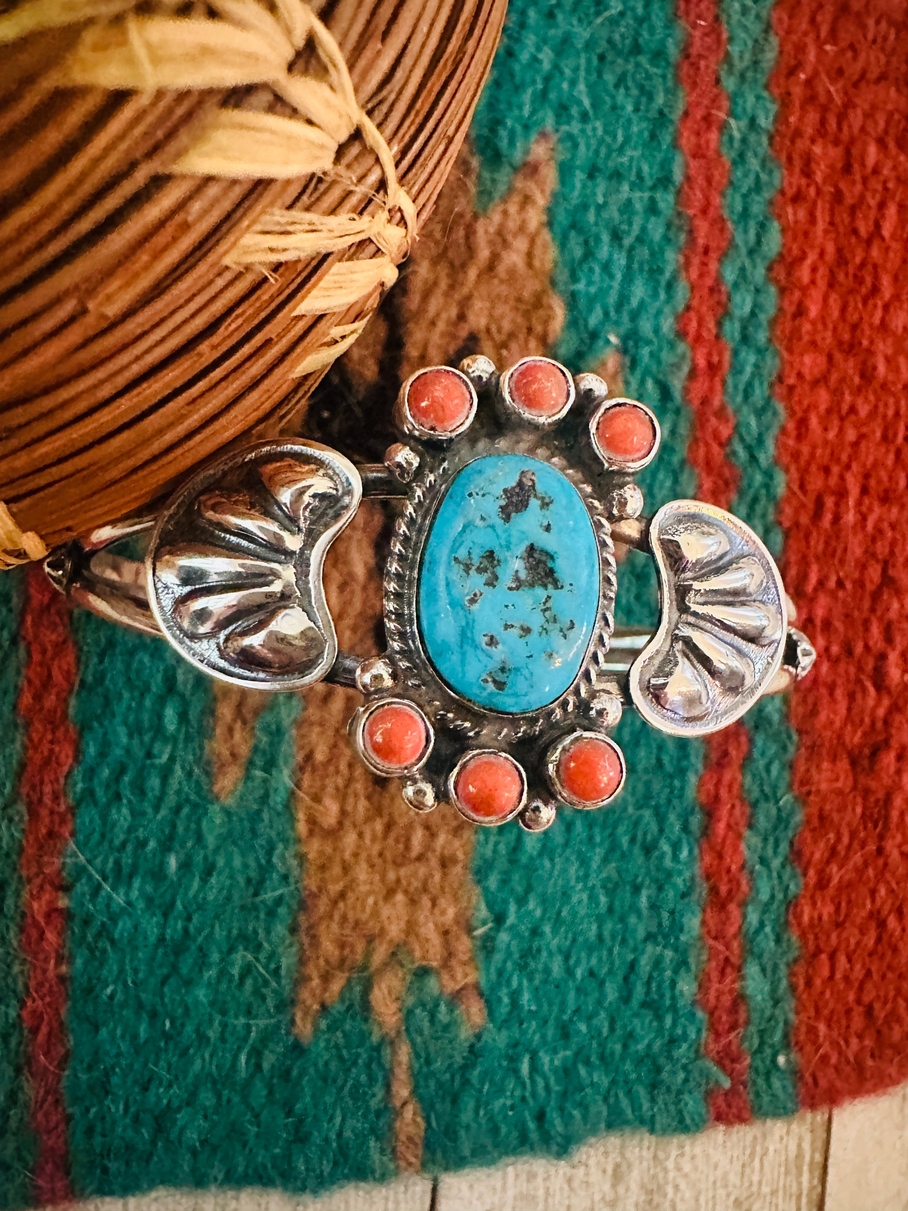 Navajo Turquoise, Coral & Sterling Silver Cluster Cuff Bracelet