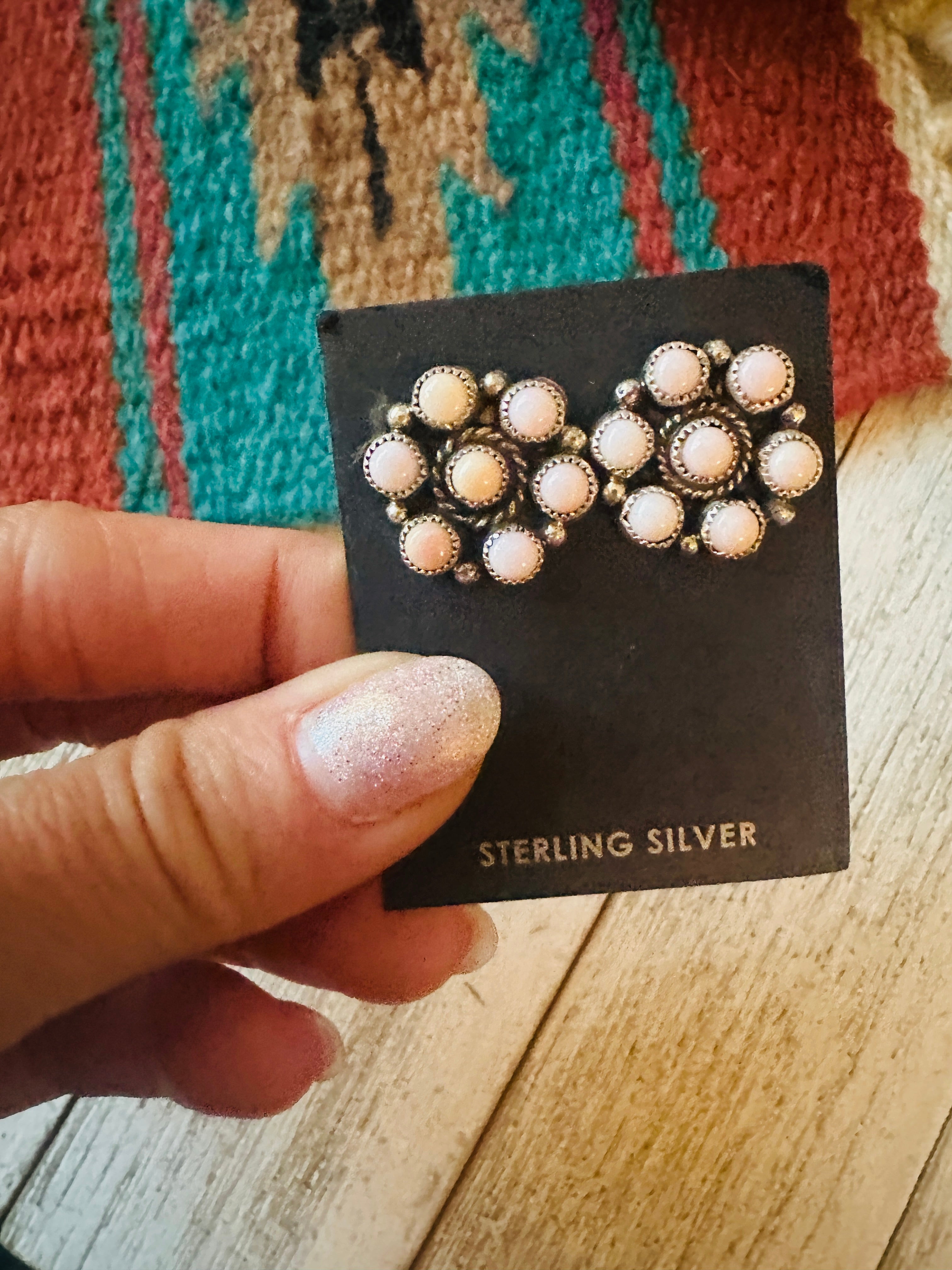 Navajo Sterling Silver & Queen Pink Conch Cluster Post Earrings