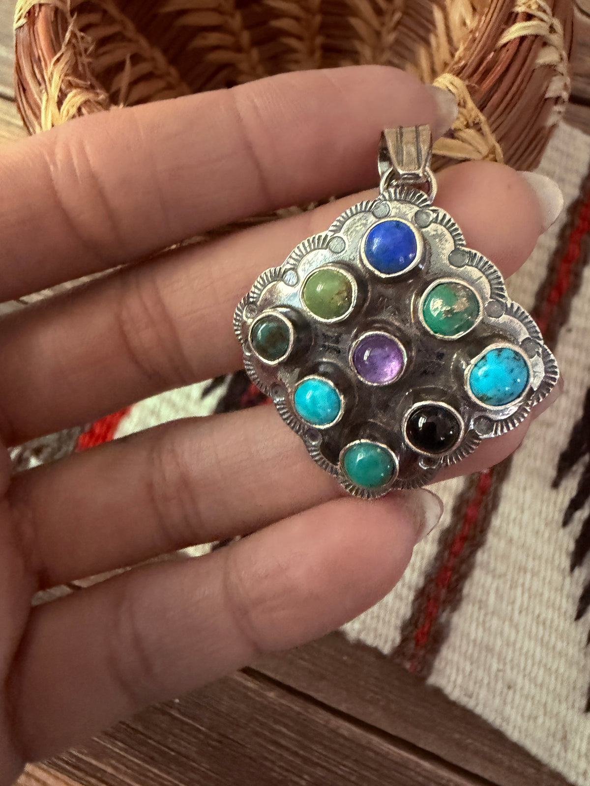Handcrafted Sterling Silver and Multi Stone Cluster Bear Pendant by Tina Benally