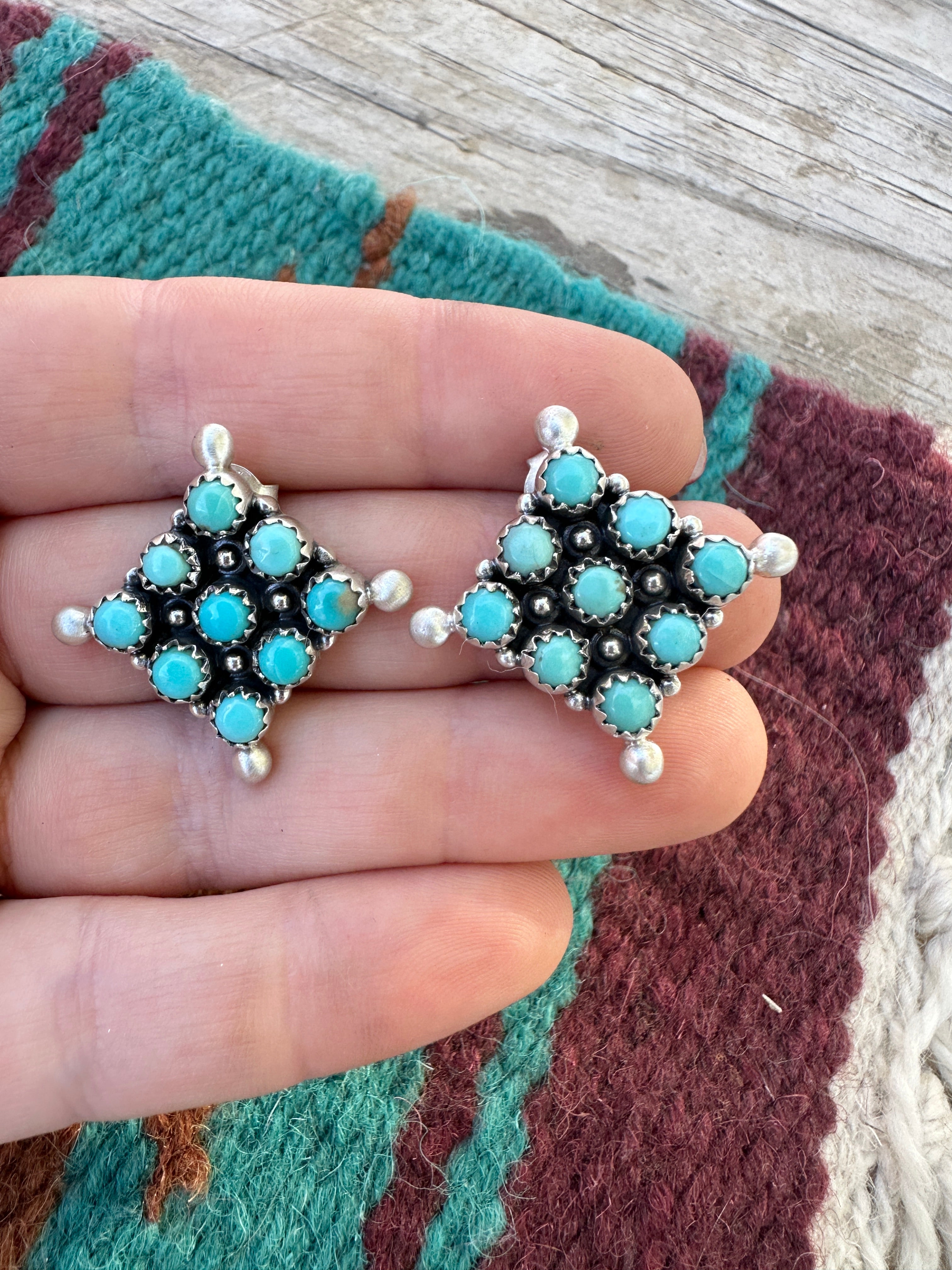 Handmade Cluster Turquoise Sterling Silver Post Earrings