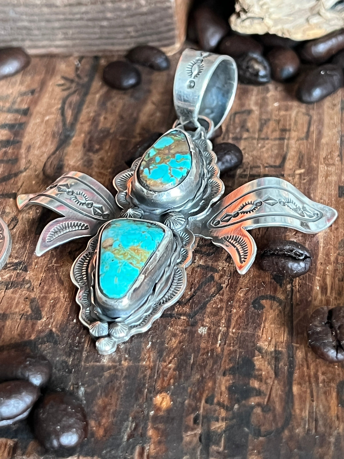 Handcrafted Sterling Silver and Turquoise Winged Bug Pendant by Kimari Somers