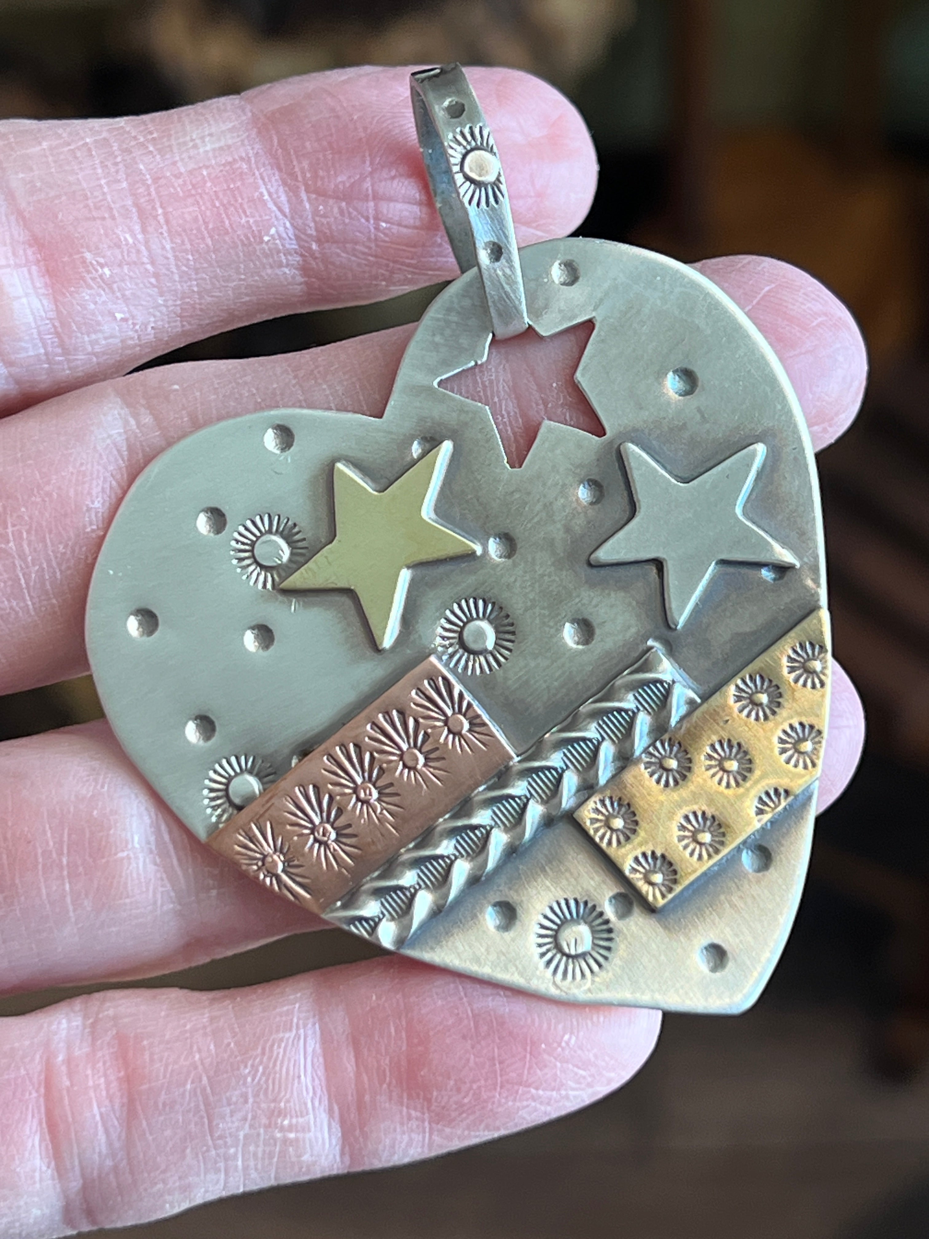 Kimari Somers Hand Stamped Sterling Silver, Copper & Brass ‘Star Crossed’ Heart Pendant