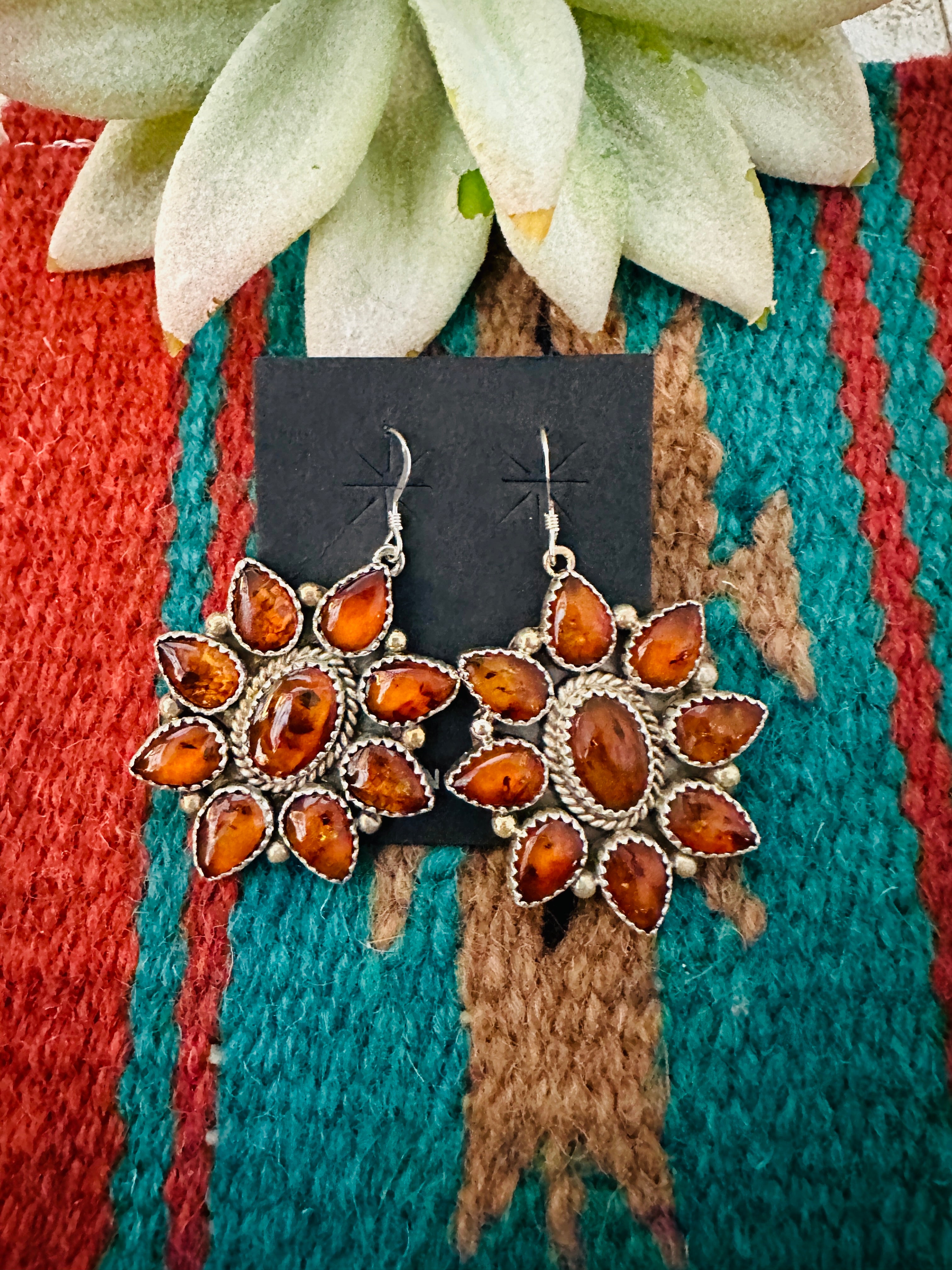 Navajo Amber & Sterling Silver Cluster Dangle Earrings