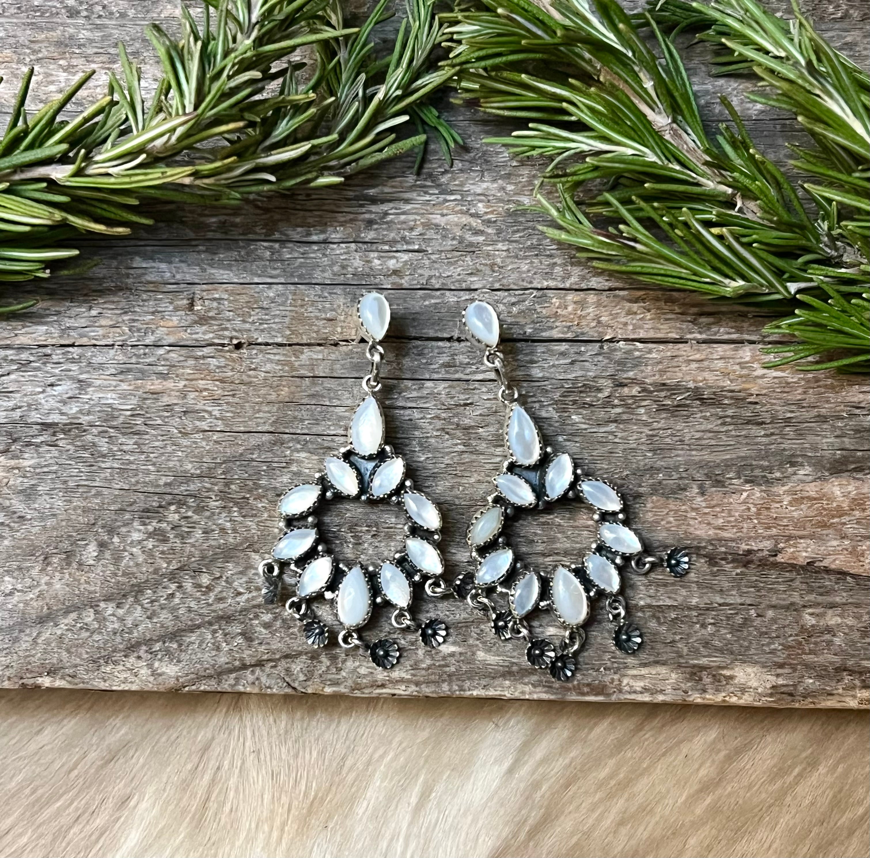 Handmade Mother Of Pearl Marquise Sterling Silver Dangle Earrings