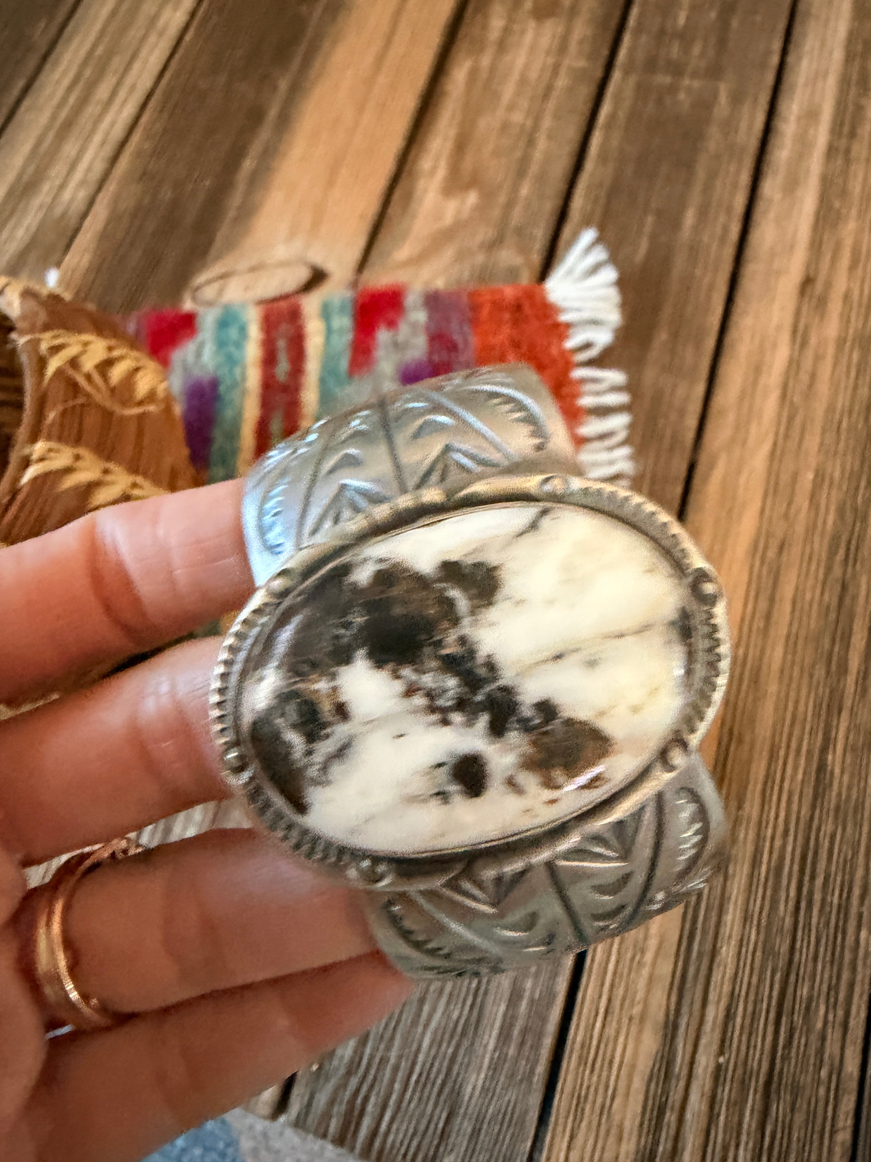 Handcrafted White Buffalo & Sterling Silver Cuff Bracelet by Delbert Secatero