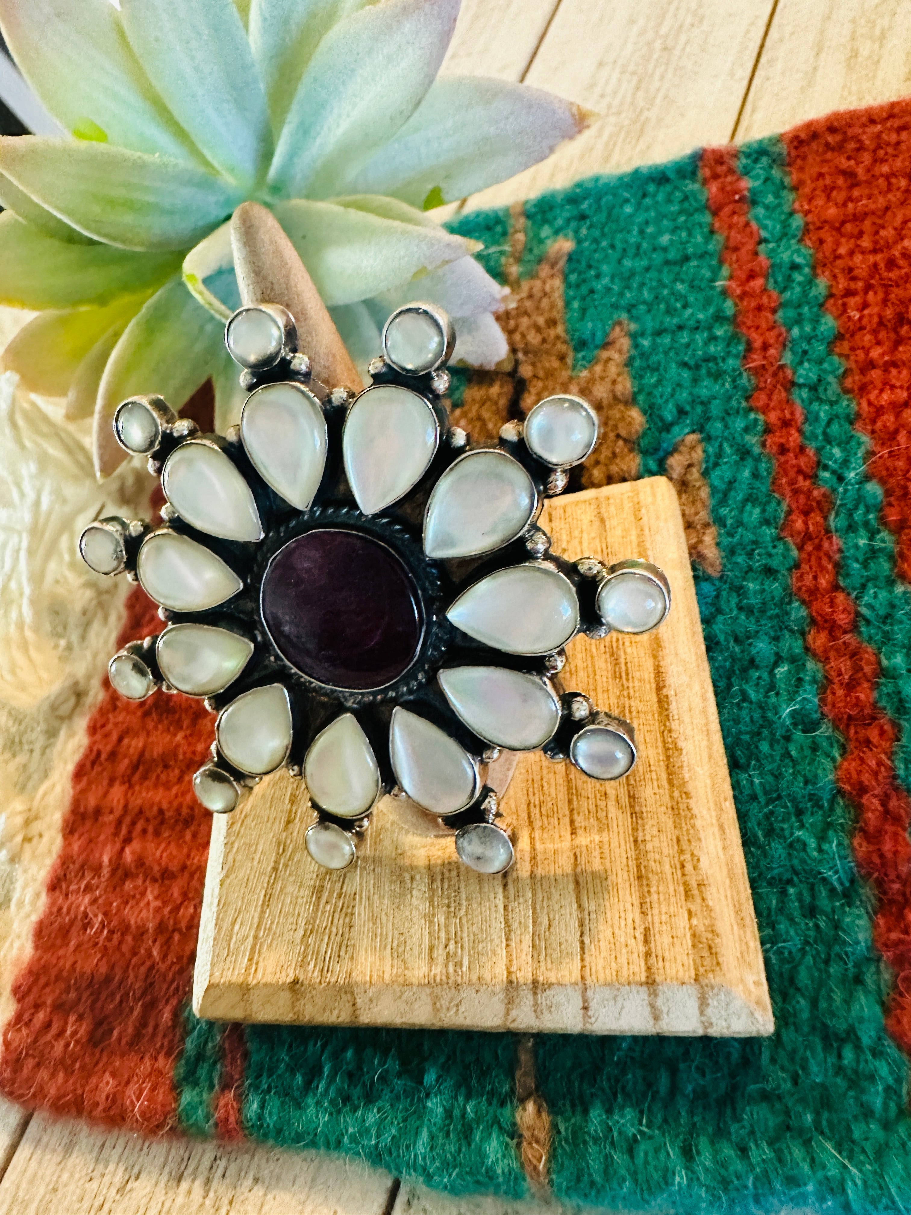 Navajo Sterling Silver, Mother of Pearl & Spiny Cluster Adjustable Ring