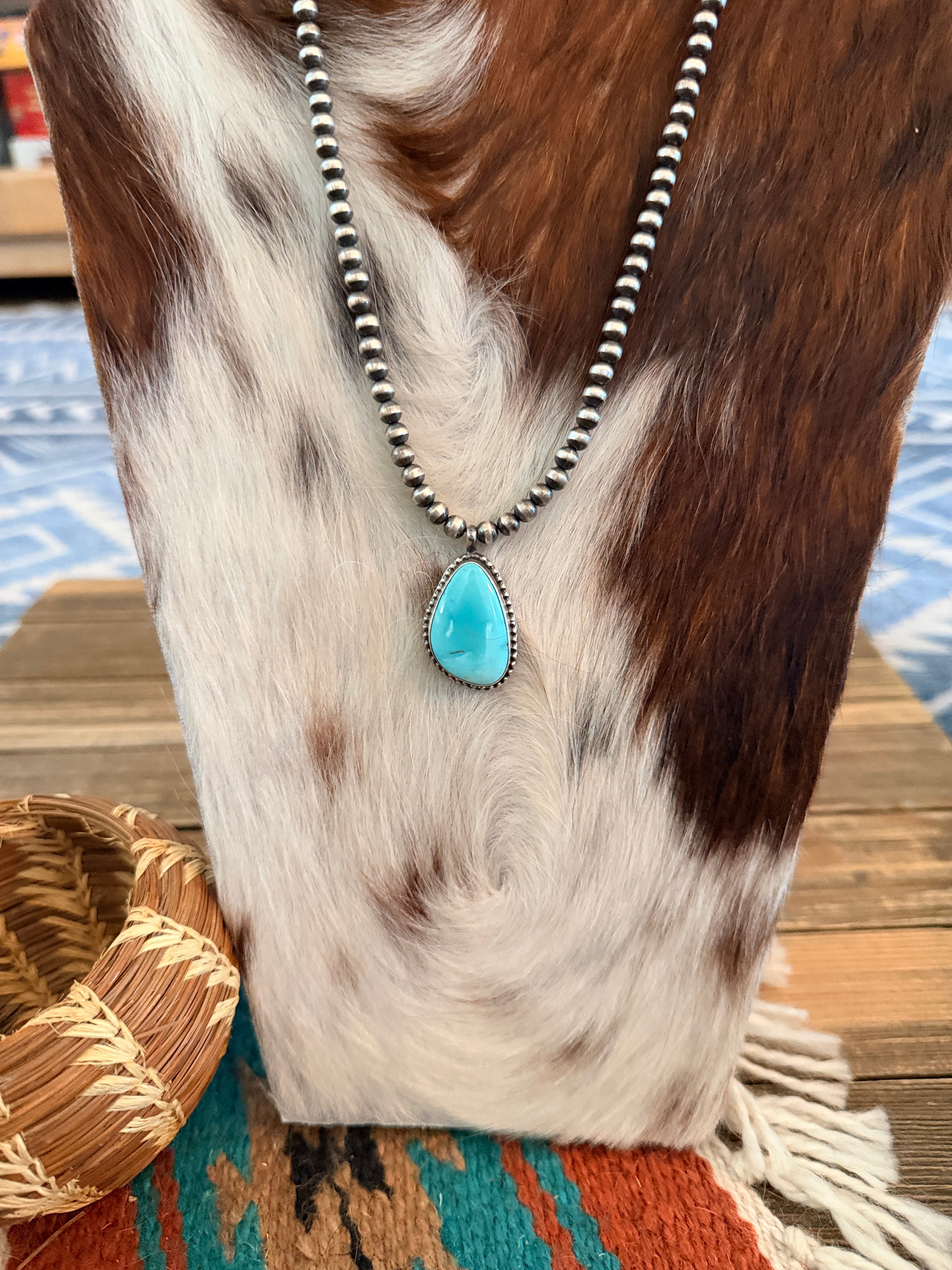 Handcrafted Turquoise & 5mm Sterling Silver Pearl 18” Beaded Necklace