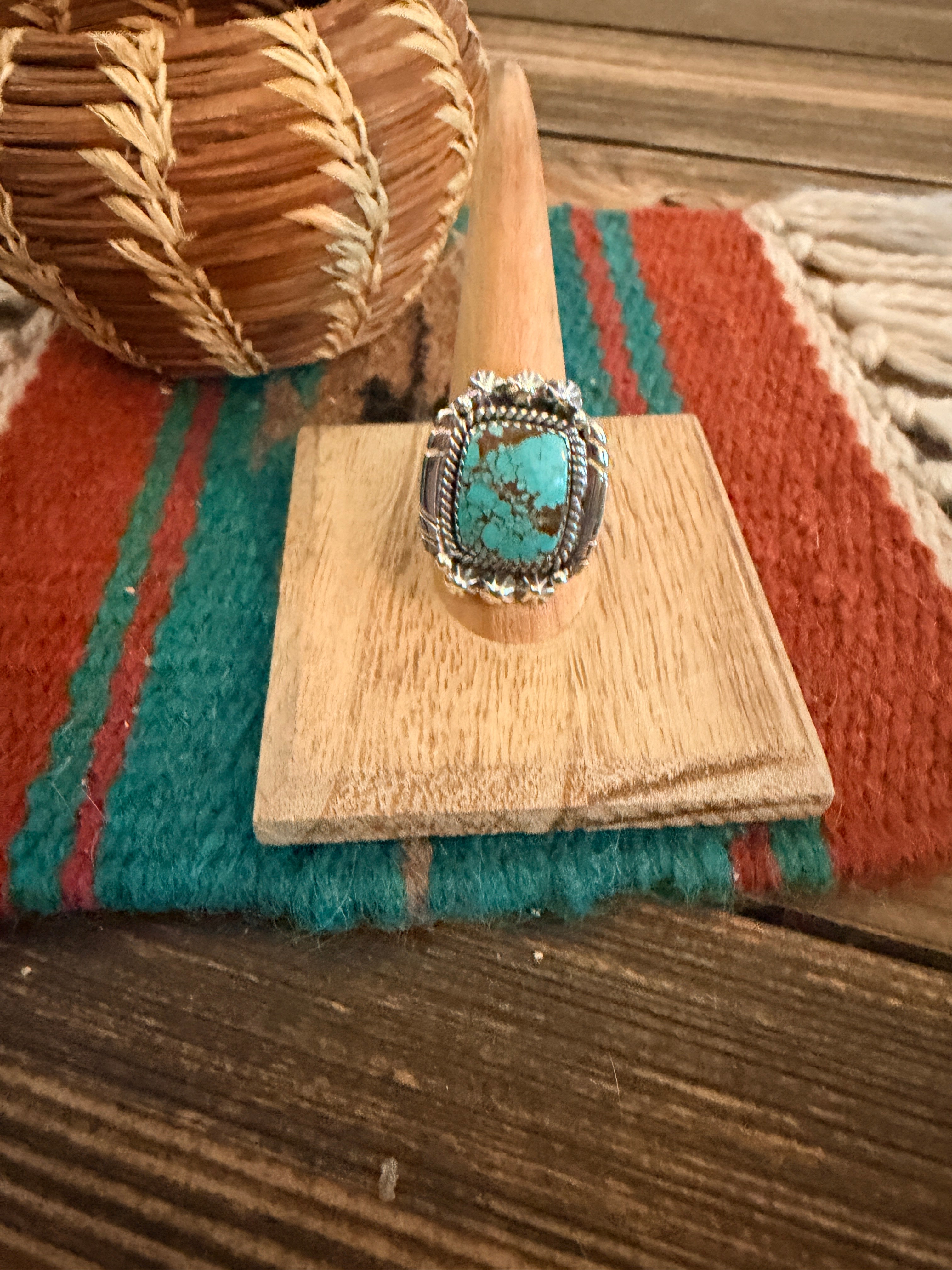 Handmade Sterling Silver Number 8 Turquoise Adjustable Ring Signed Nizhoni