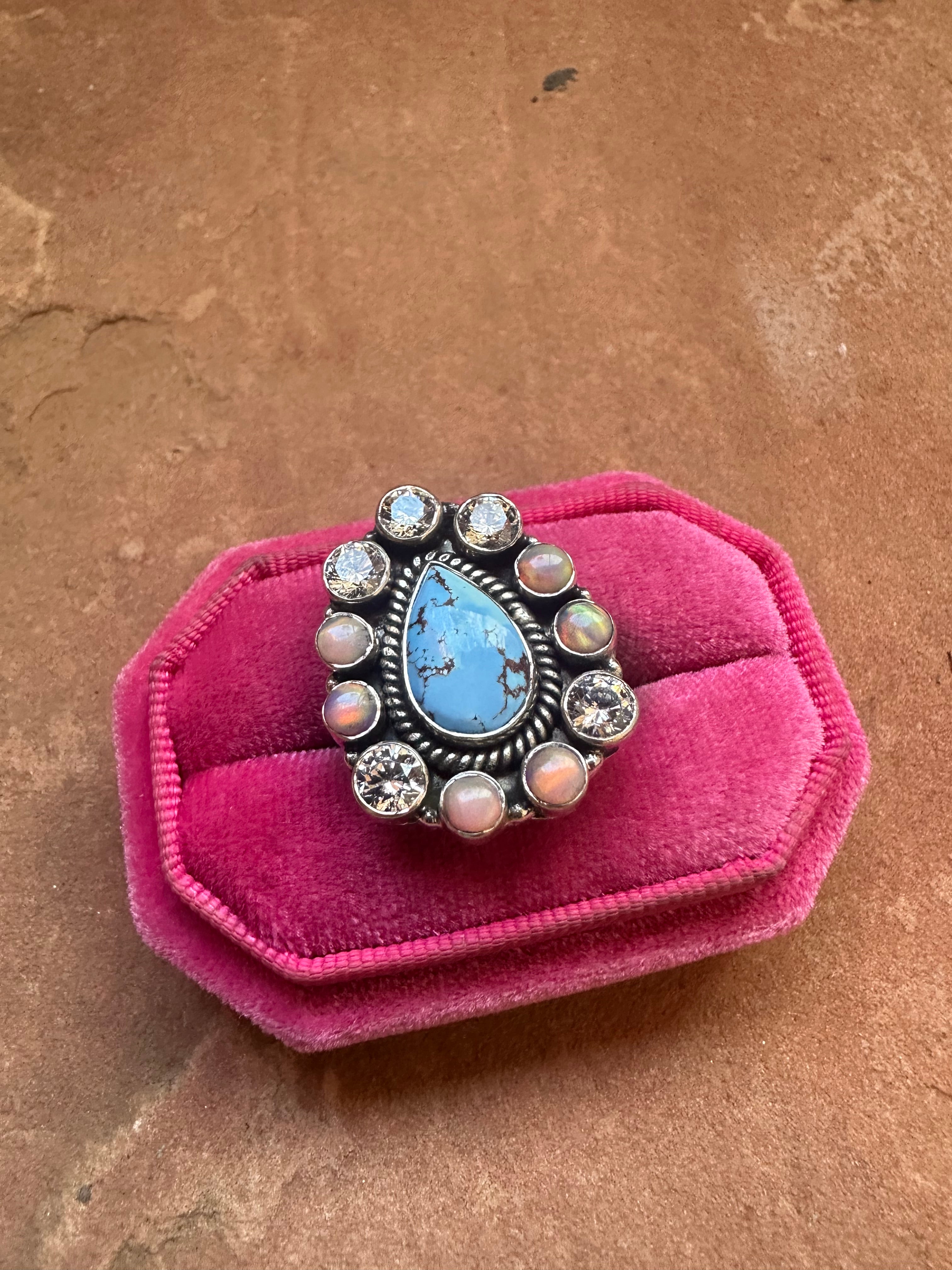 Handmade Pink Opal, CZ, Golden Hills Turquoise And Sterling Silver Adjustable Ring