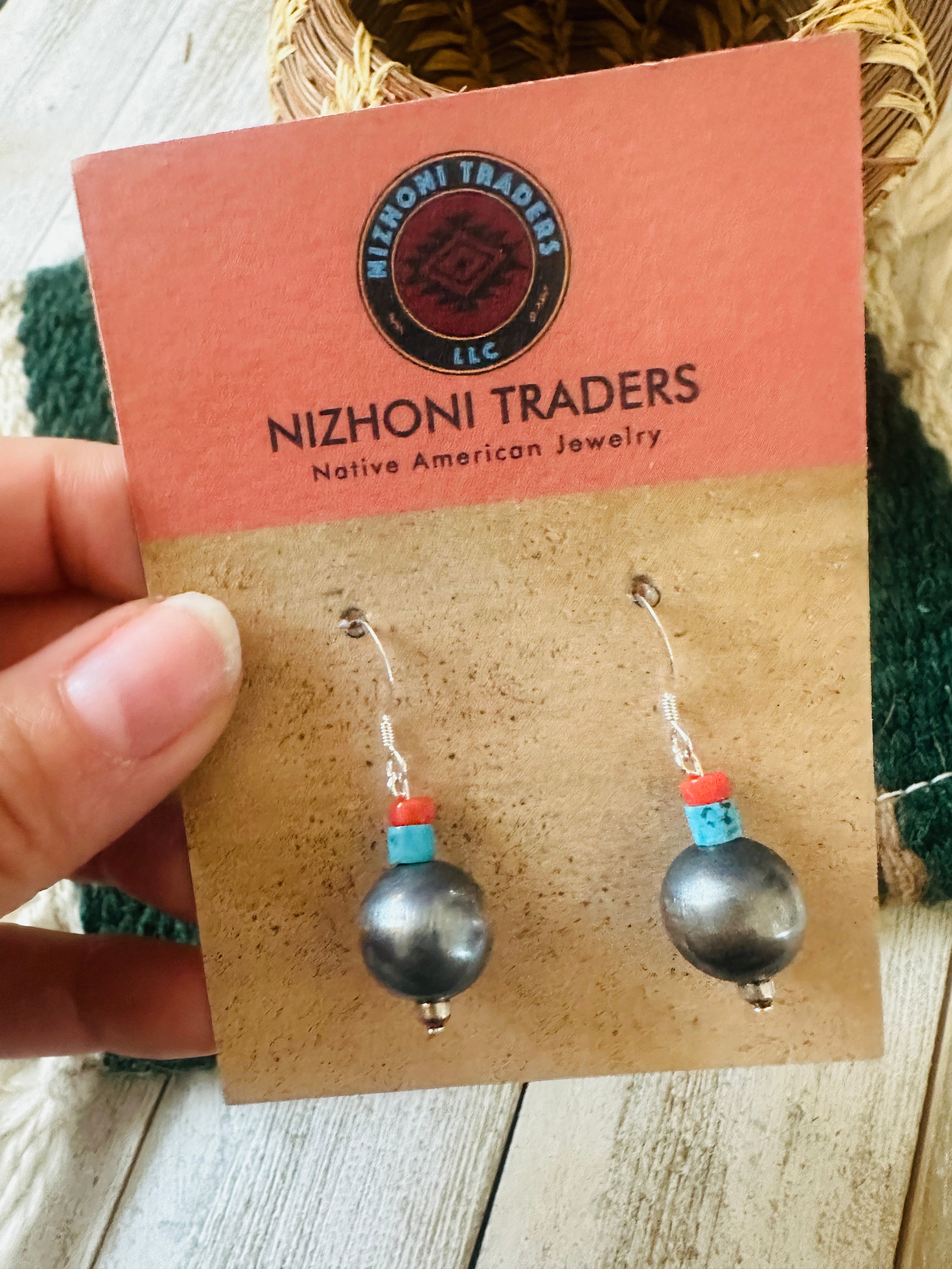 Navajo Turquoise, Coral & Sterling Silver Pearl Dangle Earrings