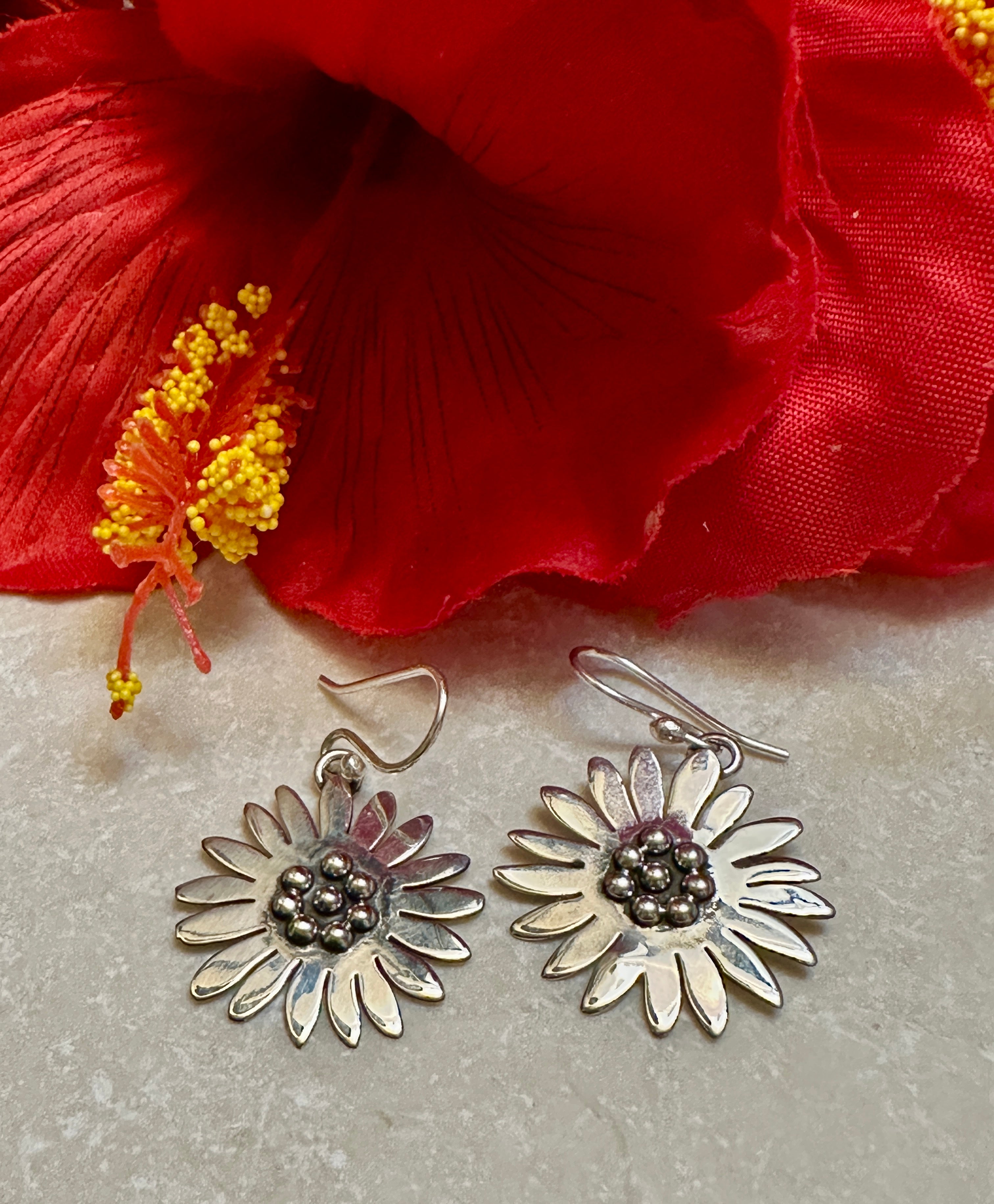 Sterling Silver Sunflower Hook Earrings