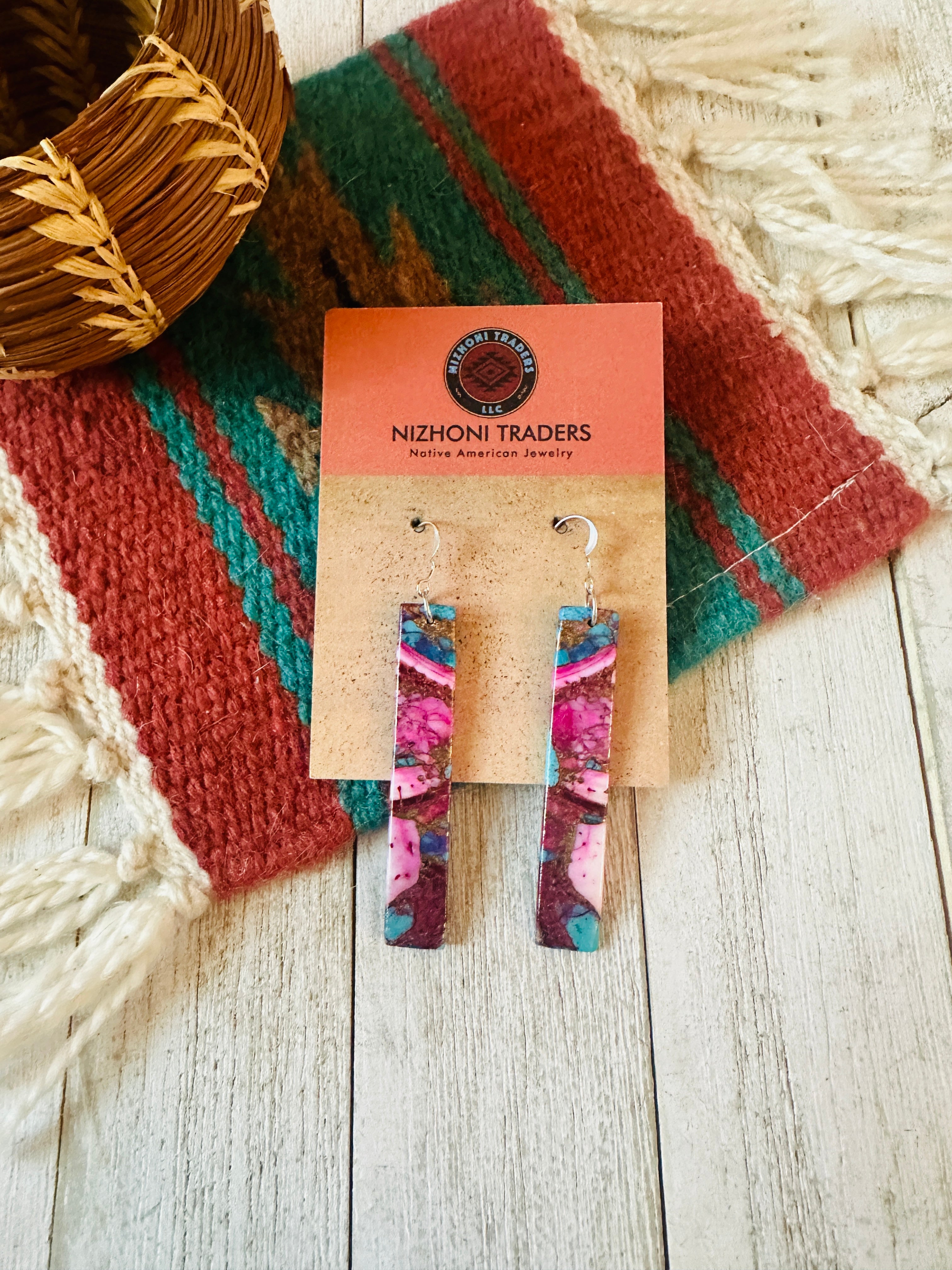 Navajo Sterling Silver & Pink Dream Mojave Slab Dangle Earrings