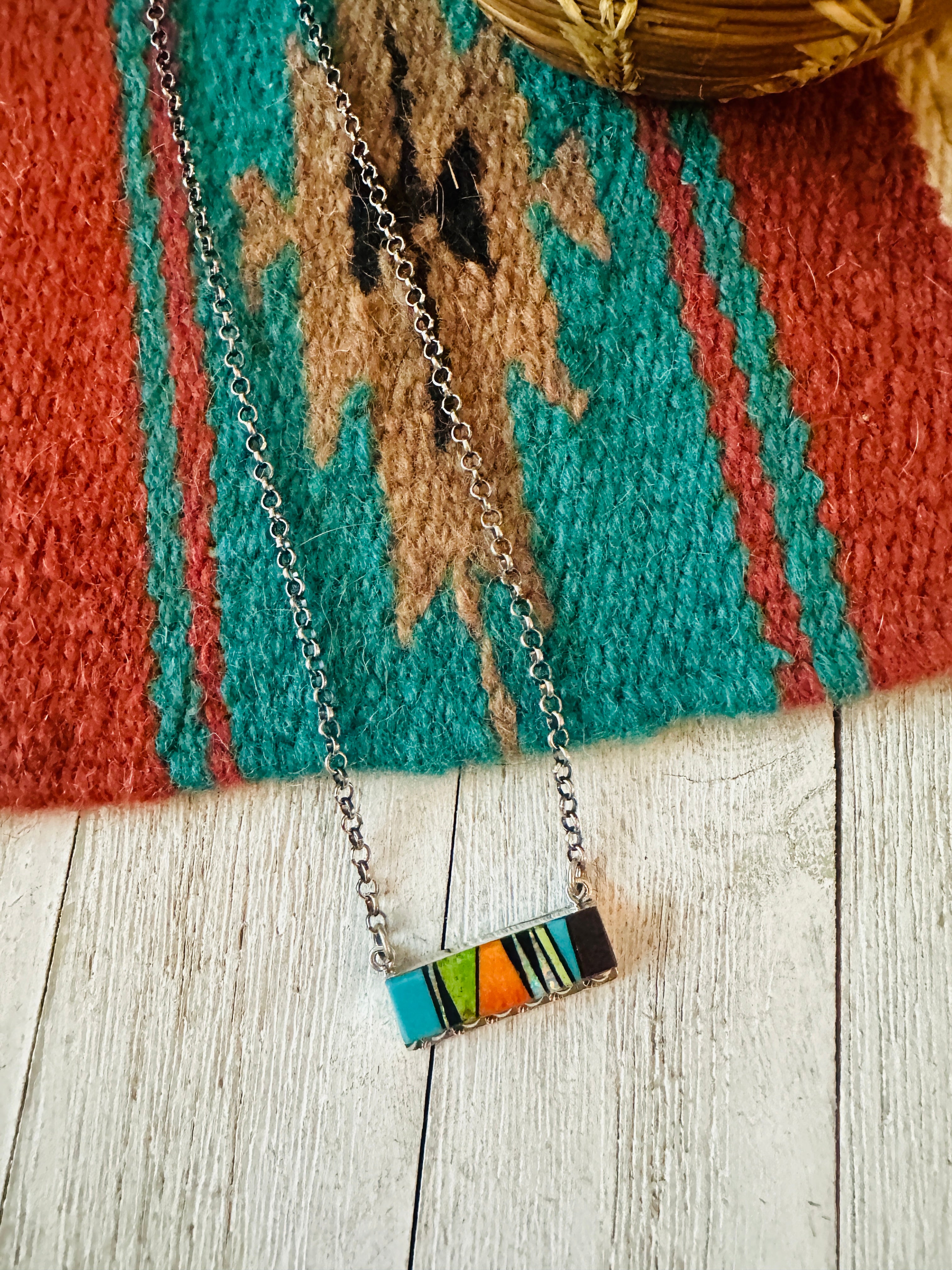 Navajo Multi Stone & Sterling Silver Inlay Bar Necklace