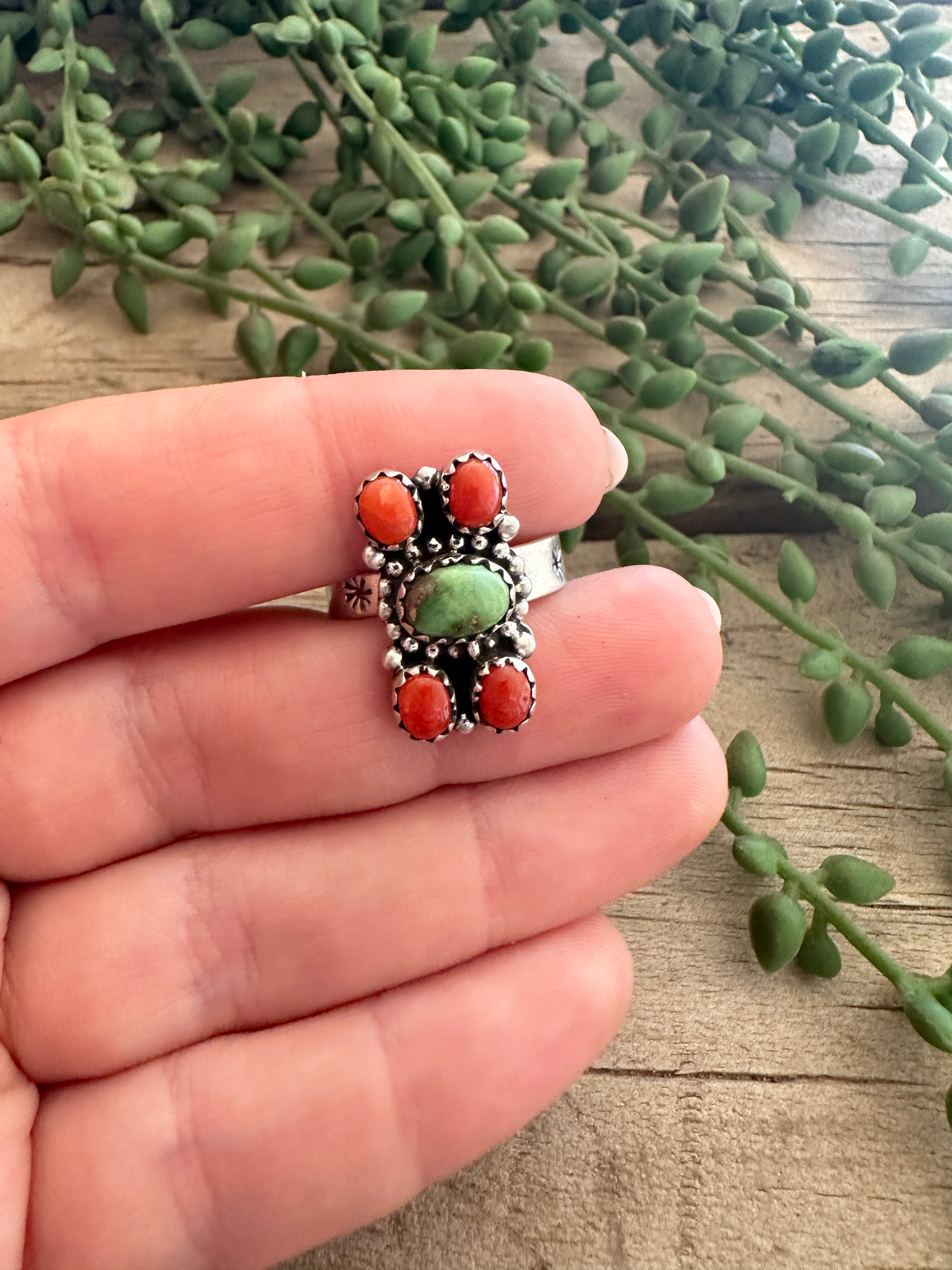 Beautiful Handmade Sonoran Turquoise, Coral And Sterling Silver Adjustable Ring