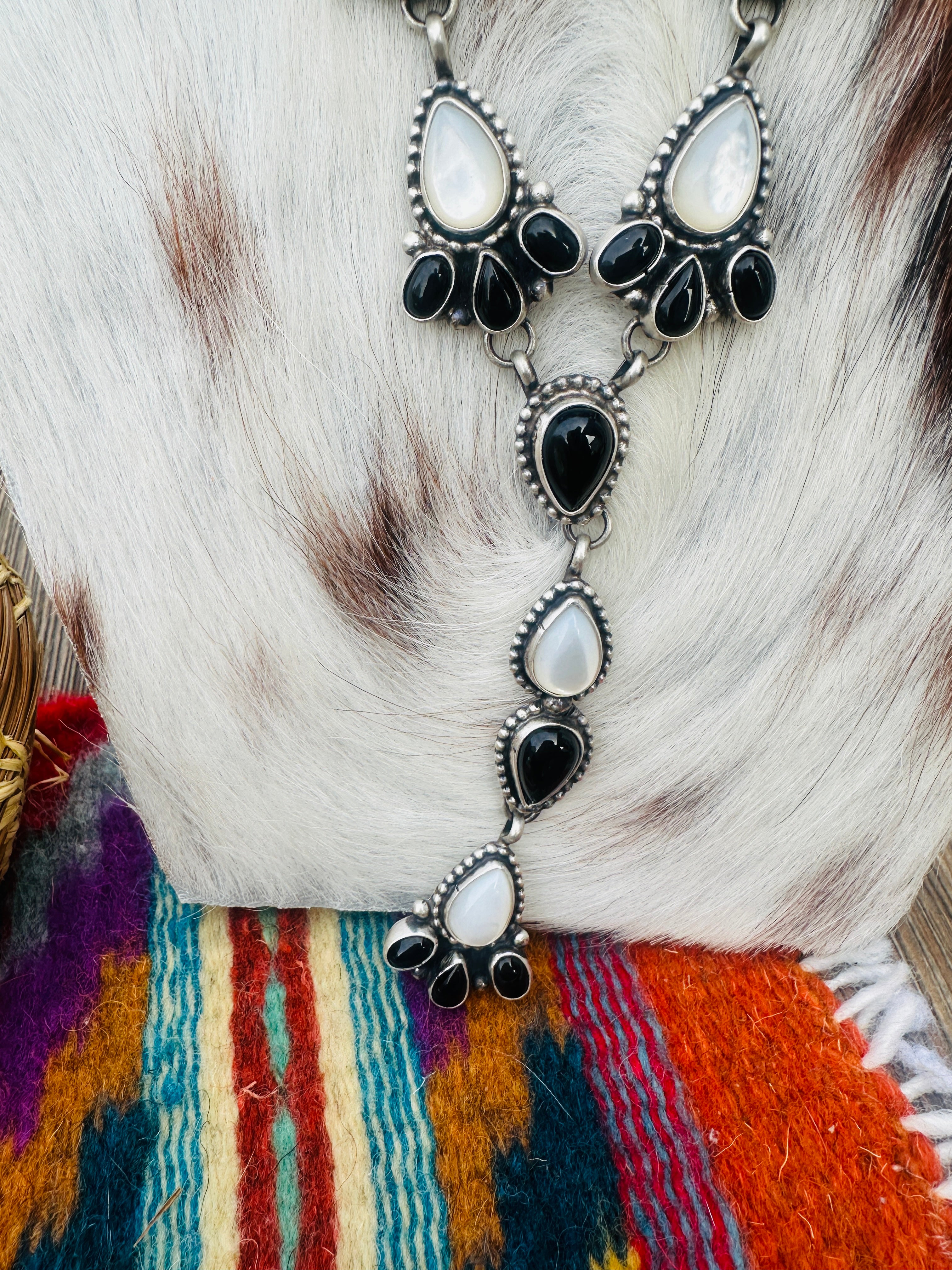 Handcrafted Mother of Pearl, Onyx & Sterling Silver Lariat Necklace by Sheila Becenti