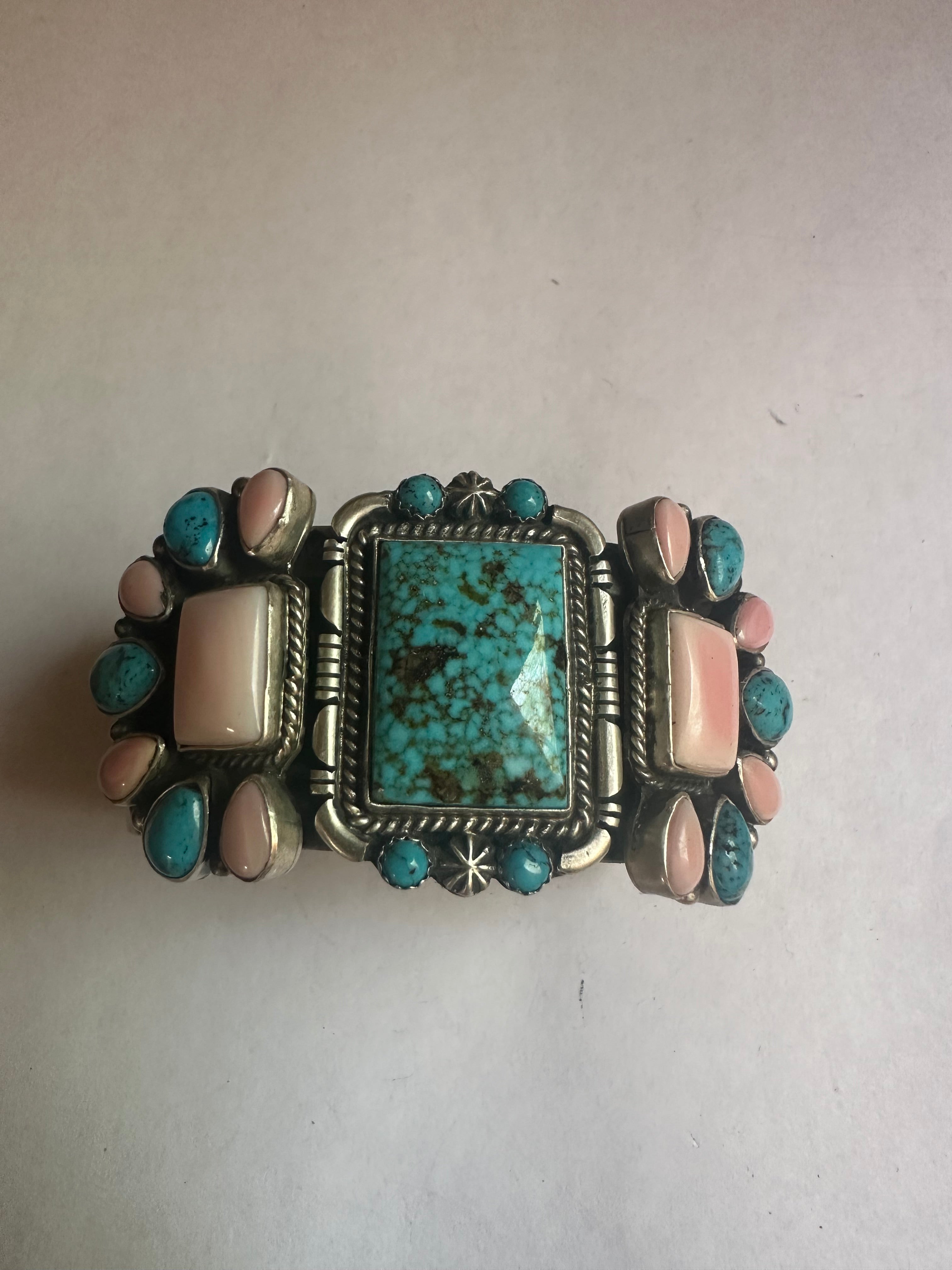 Navajo Sterling Silver, Pink Conch & Turquoise Bracelet Cuff Signed Larry James