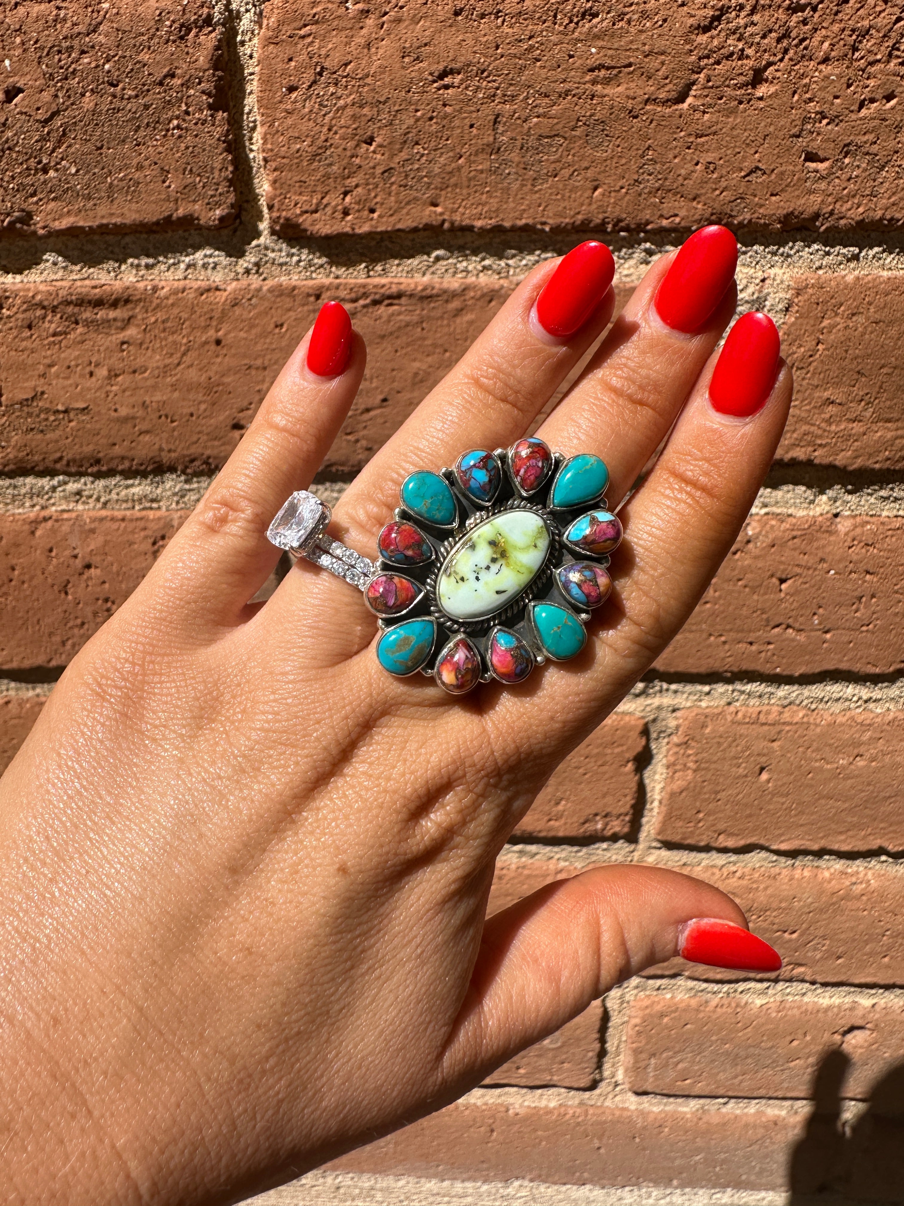 Beautiful Handmade Pink Dream Mojave, Turquoise, Palomino Turquoise And Sterling Silver Adjustable Statement Ring