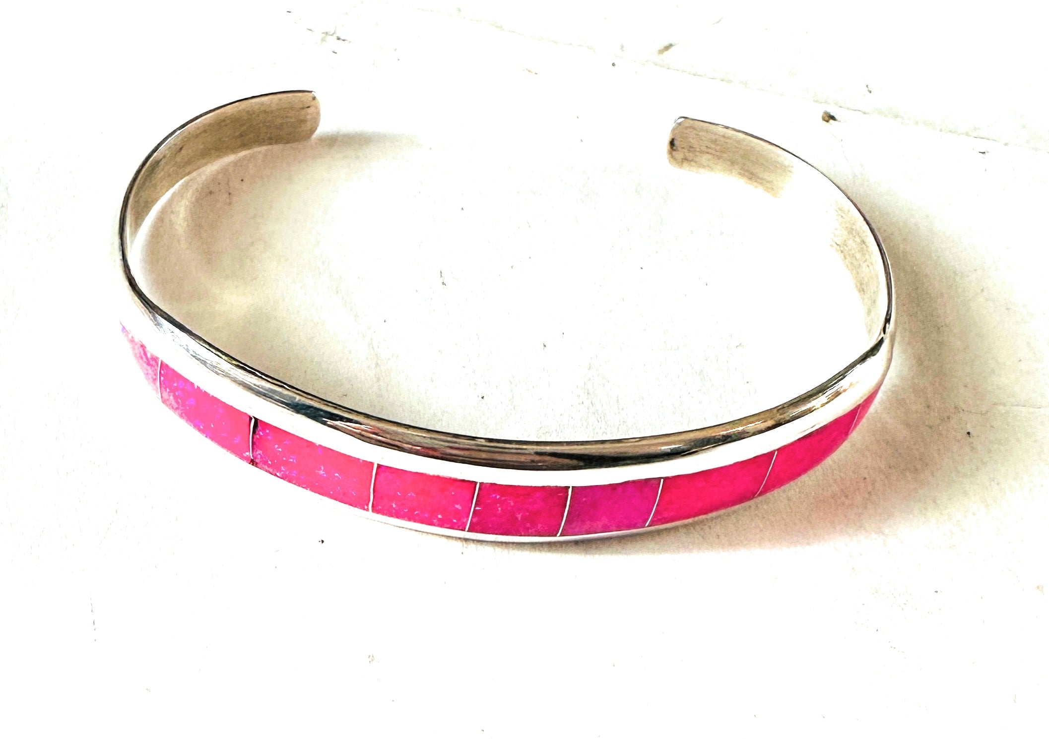 Navajo Sterling Silver & Hot Pink Opal Inlay Cuff Bracelet