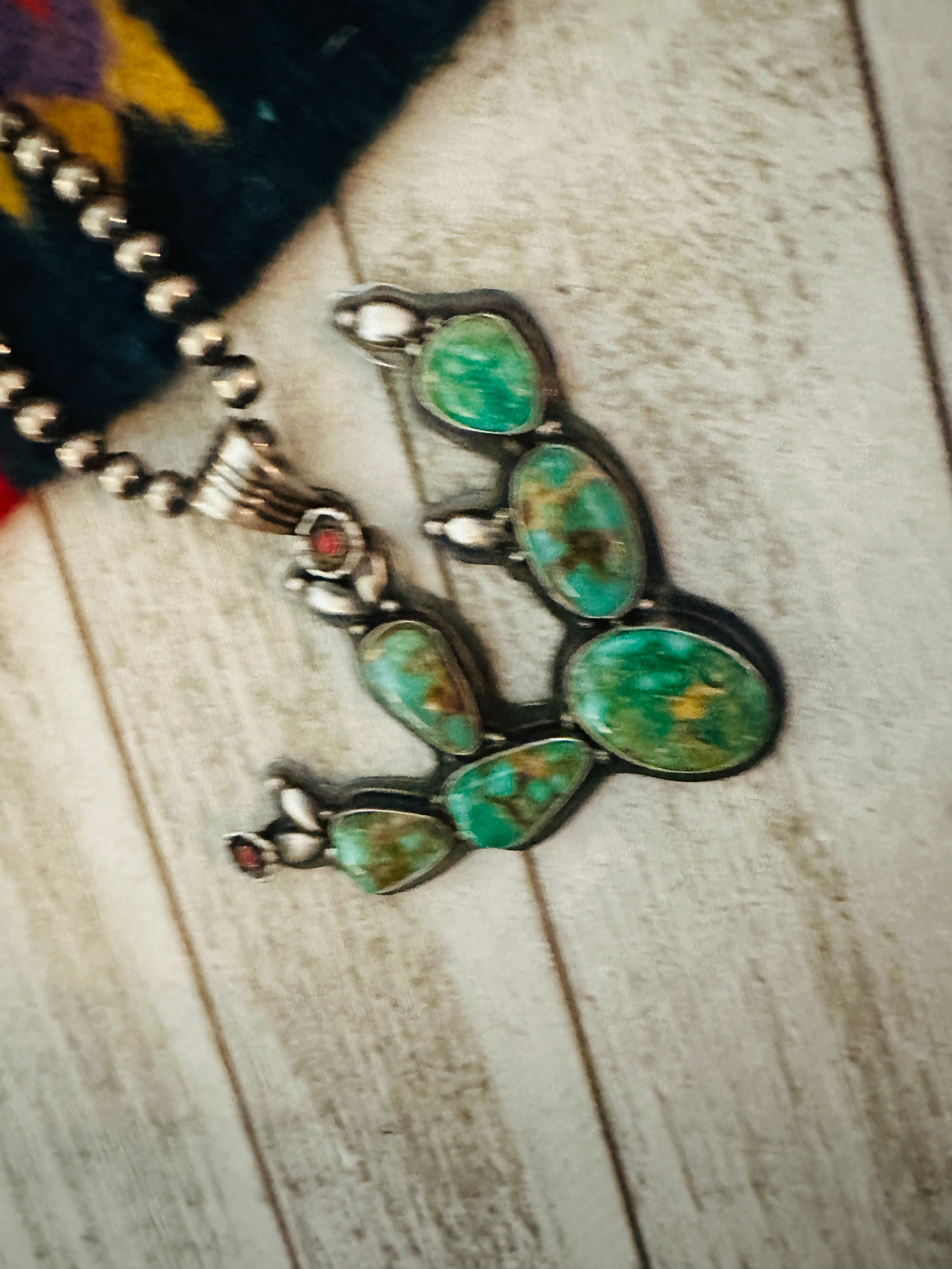 Navajo Turquoise, Coral and Sterling Silver Cactus Pendant