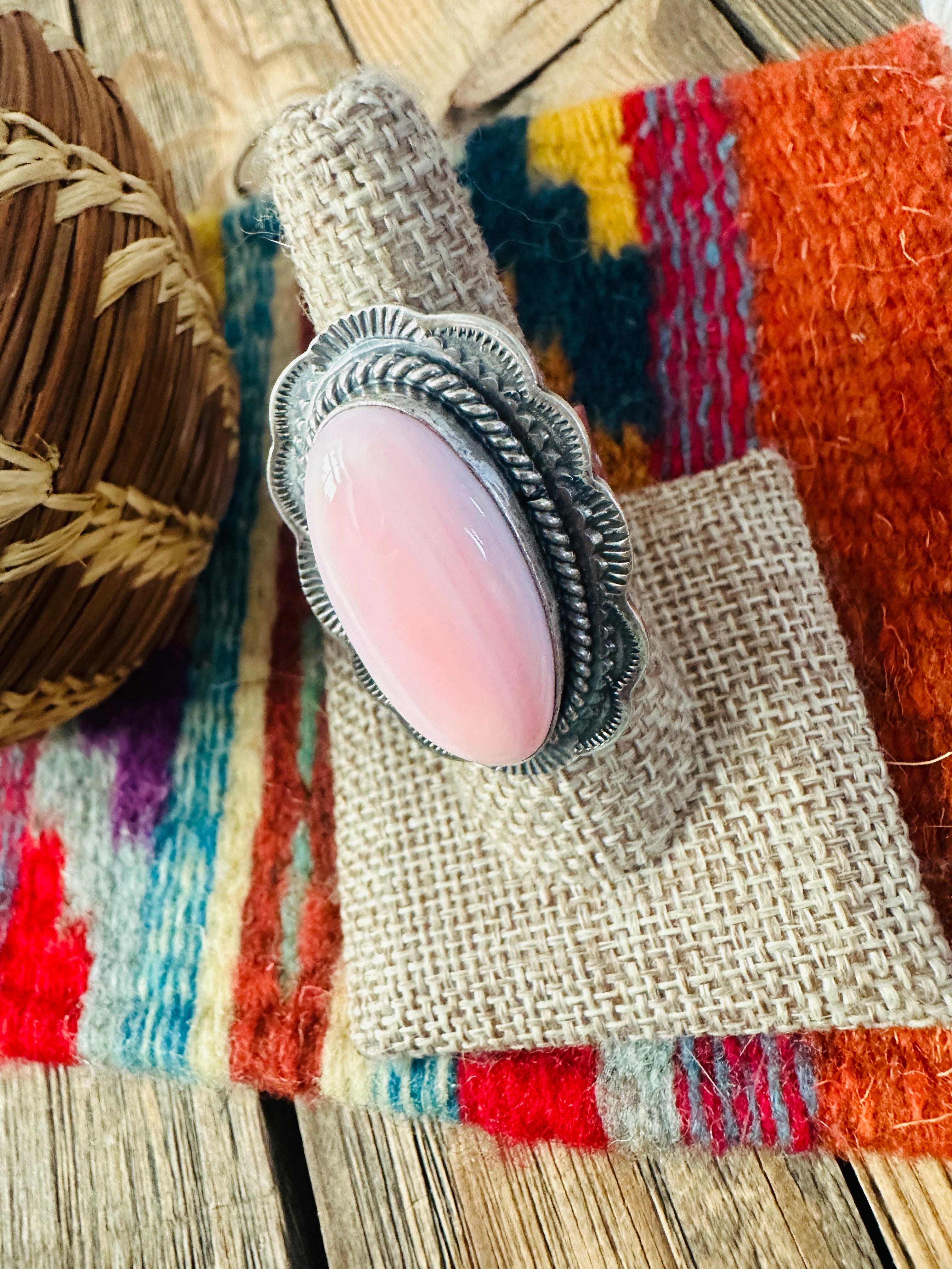 Handcrafted Queen Pink Conch & Sterling Silver Ring Size 8
