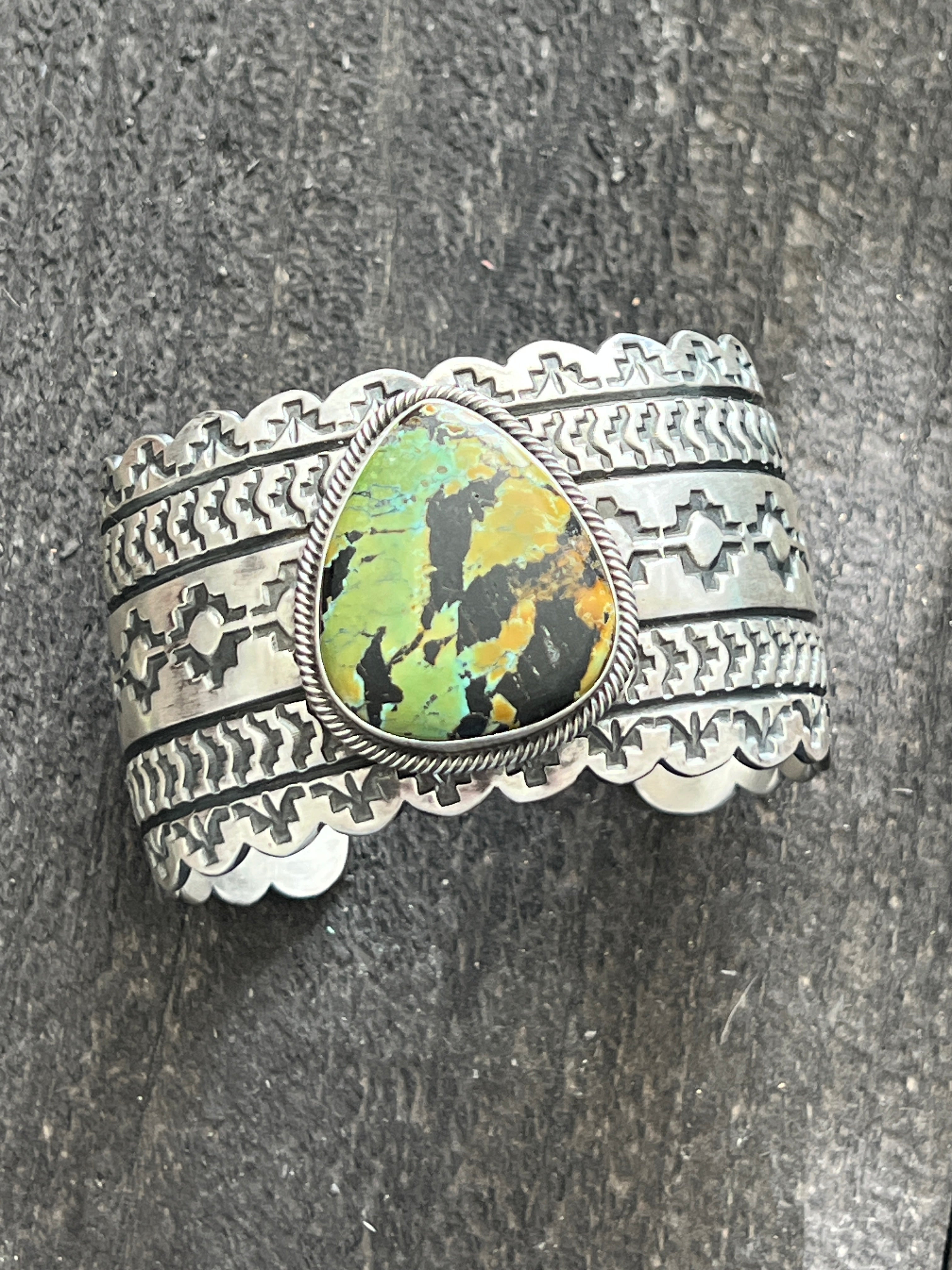 Navajo Hand Stamped Sterling Silver and Blackjack Turquoise Cuff Bracelet by Randy Boyd