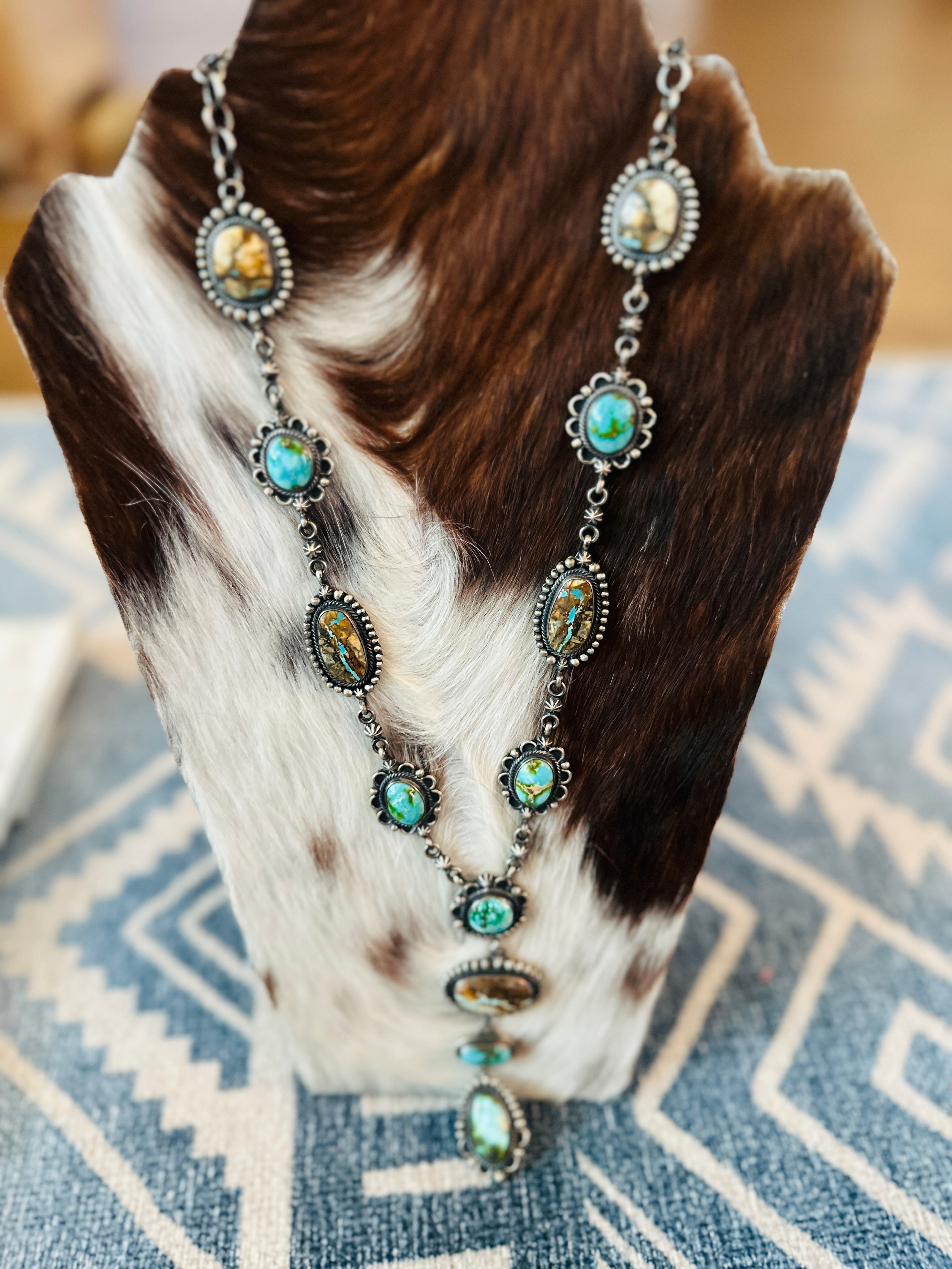 Handcrafted Sterling Silver, Ribbon and Sonoran Turquoise Necklace and Earring Set by Diane Wylie