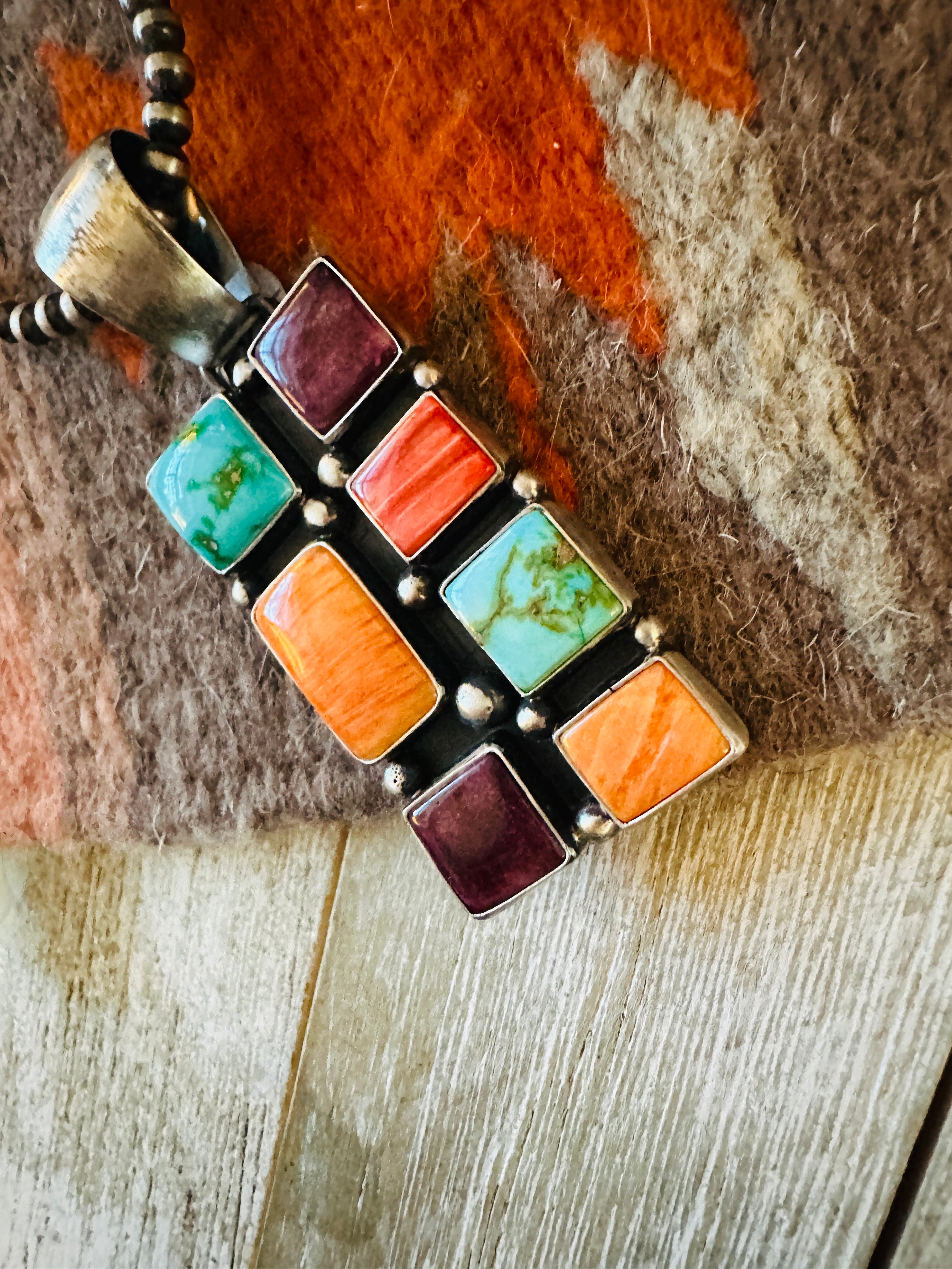 Handcrafted Electric Rainbow Turquoise, Spiny & Sterling Silver Cluster Pendant by Angela Martin