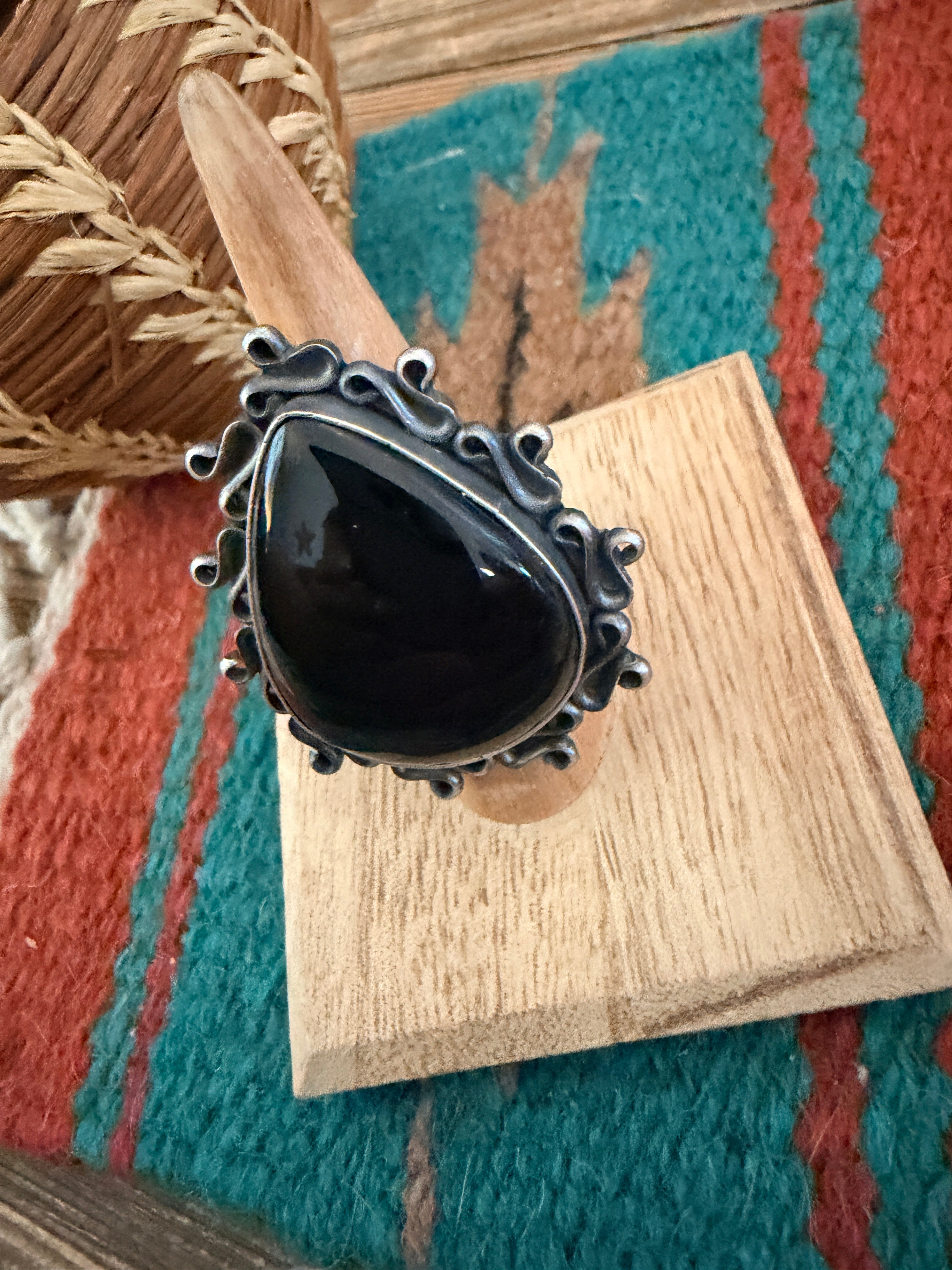 Handcrafted Black Onyx & Sterling Silver Ring Size 6.25
