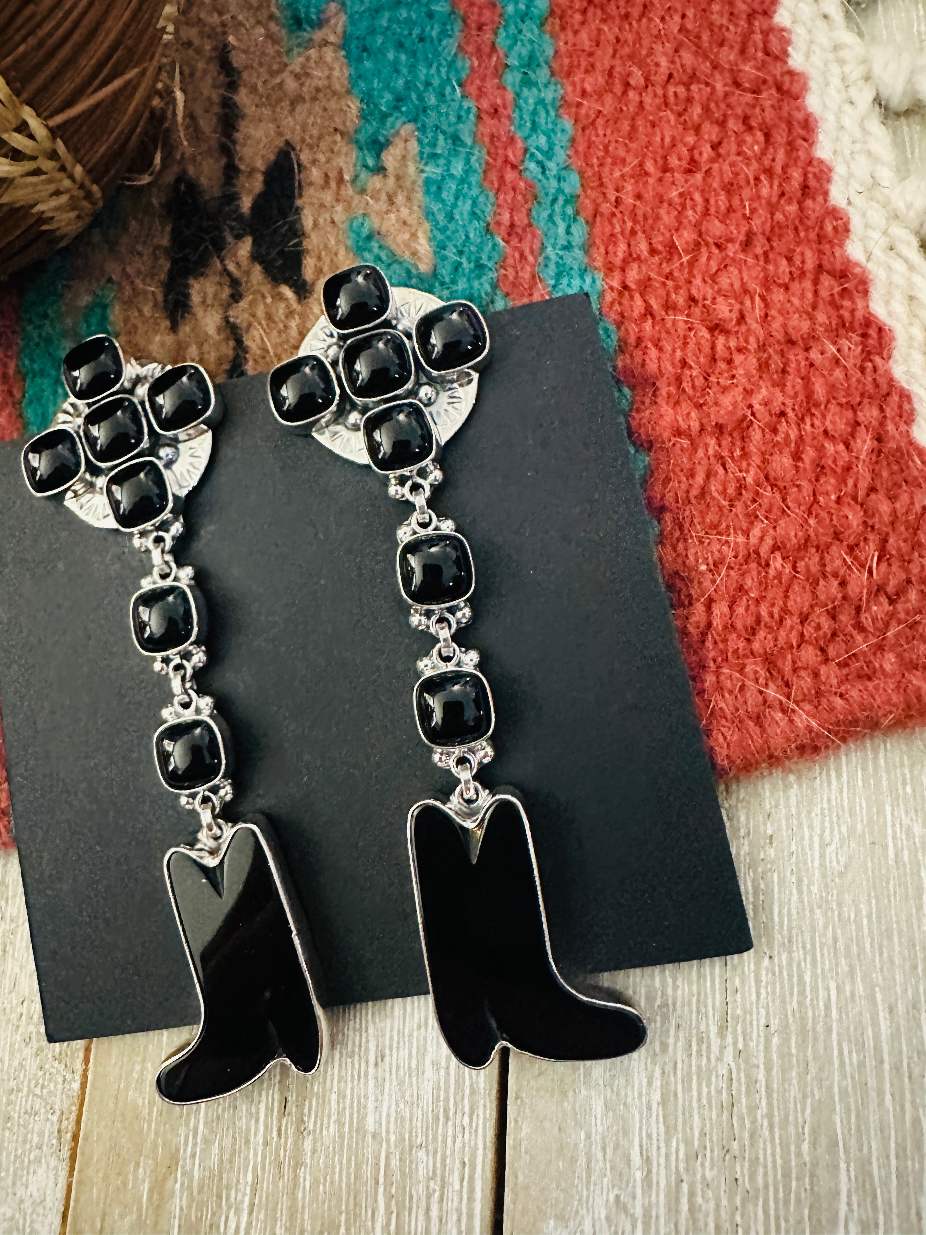 Handcrafted Onyx & Sterling Silver Cowboy Boot Dangle Earrings by Federico Jimenez