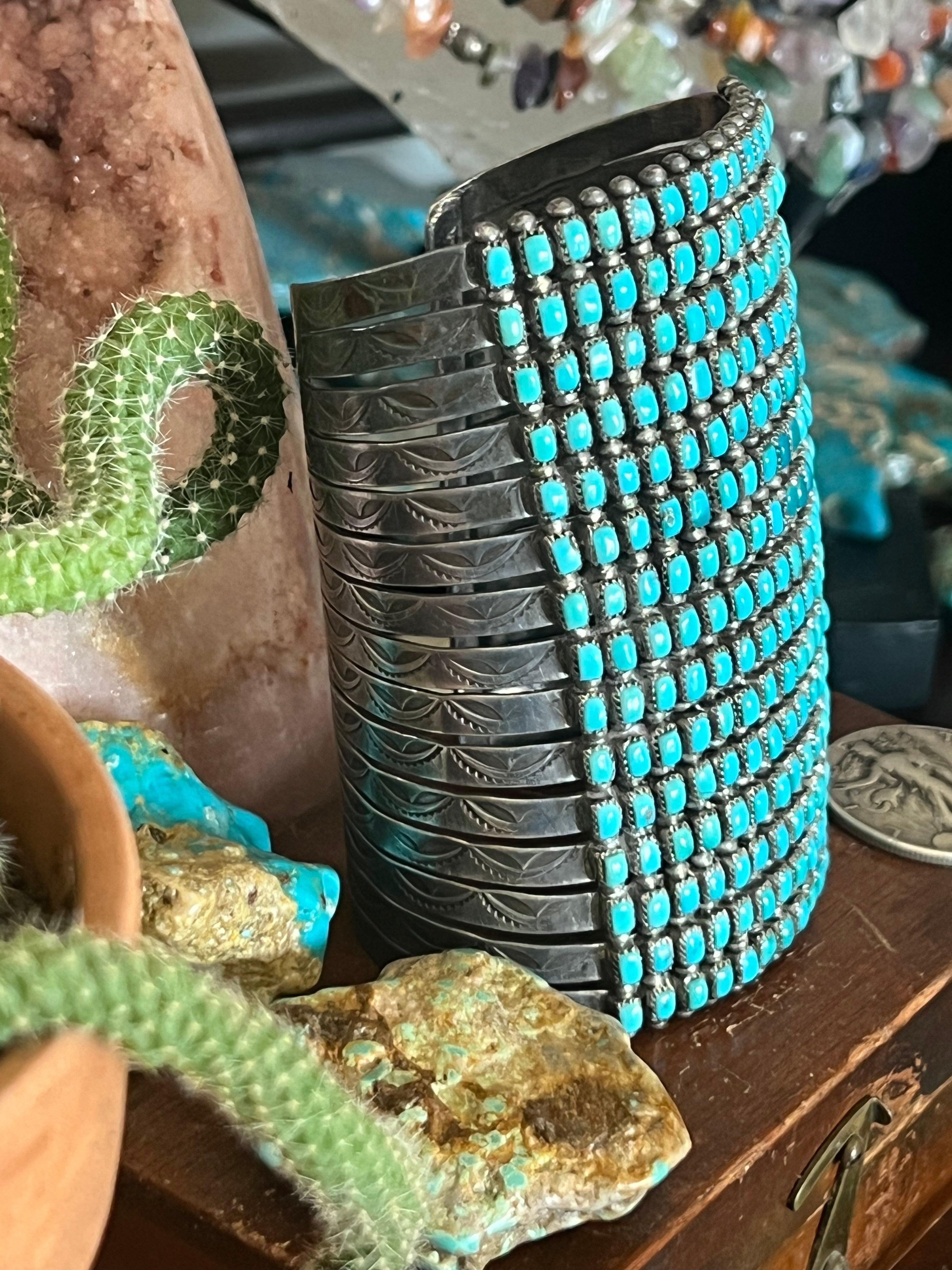 Handcrafted Stunning Old Pawn 15 Row Sterling Silver & Turquoise Gaunt