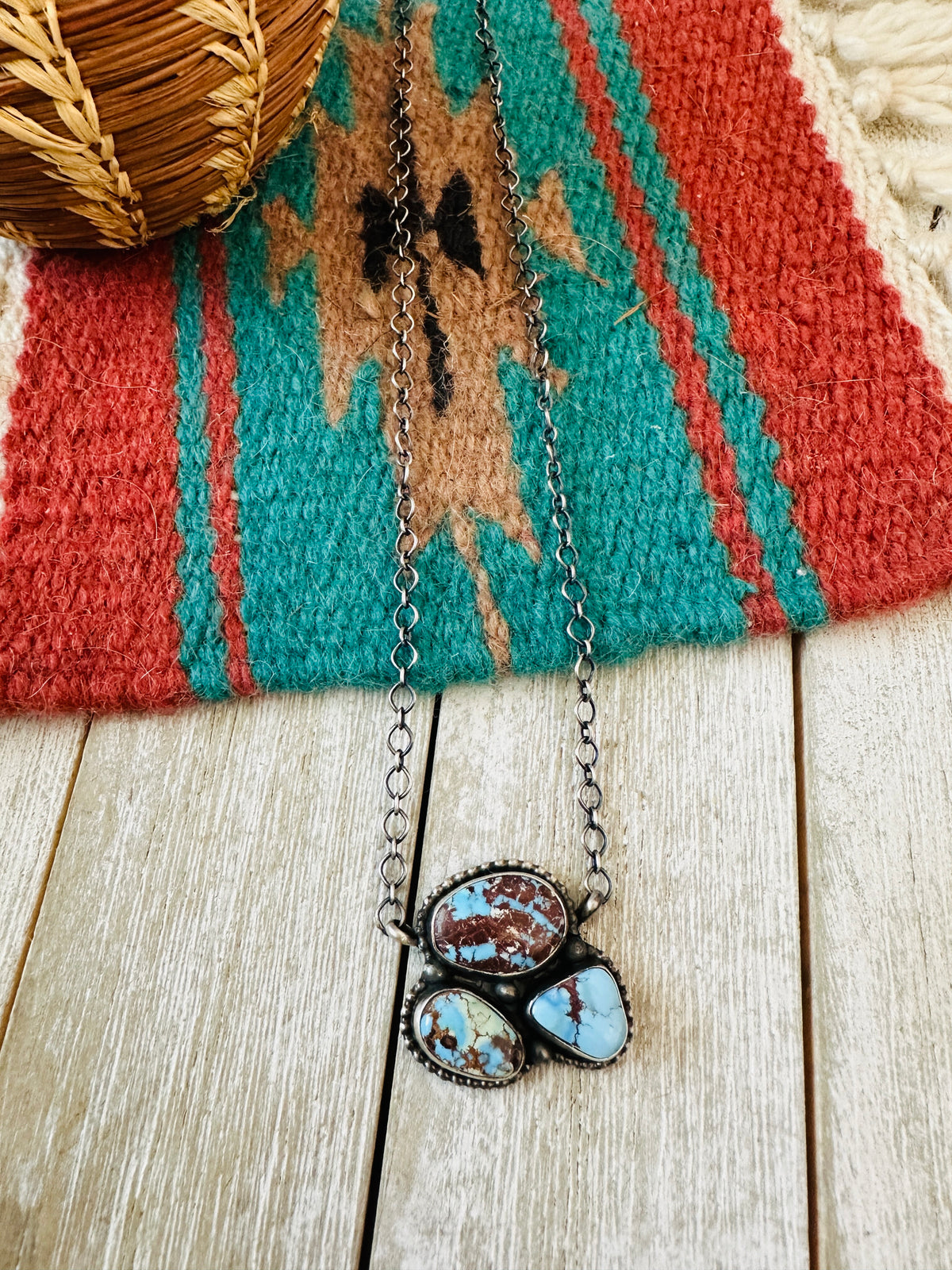 Handcrafted Sterling Silver & Golden Hills Turquoise 3 Stone Necklace