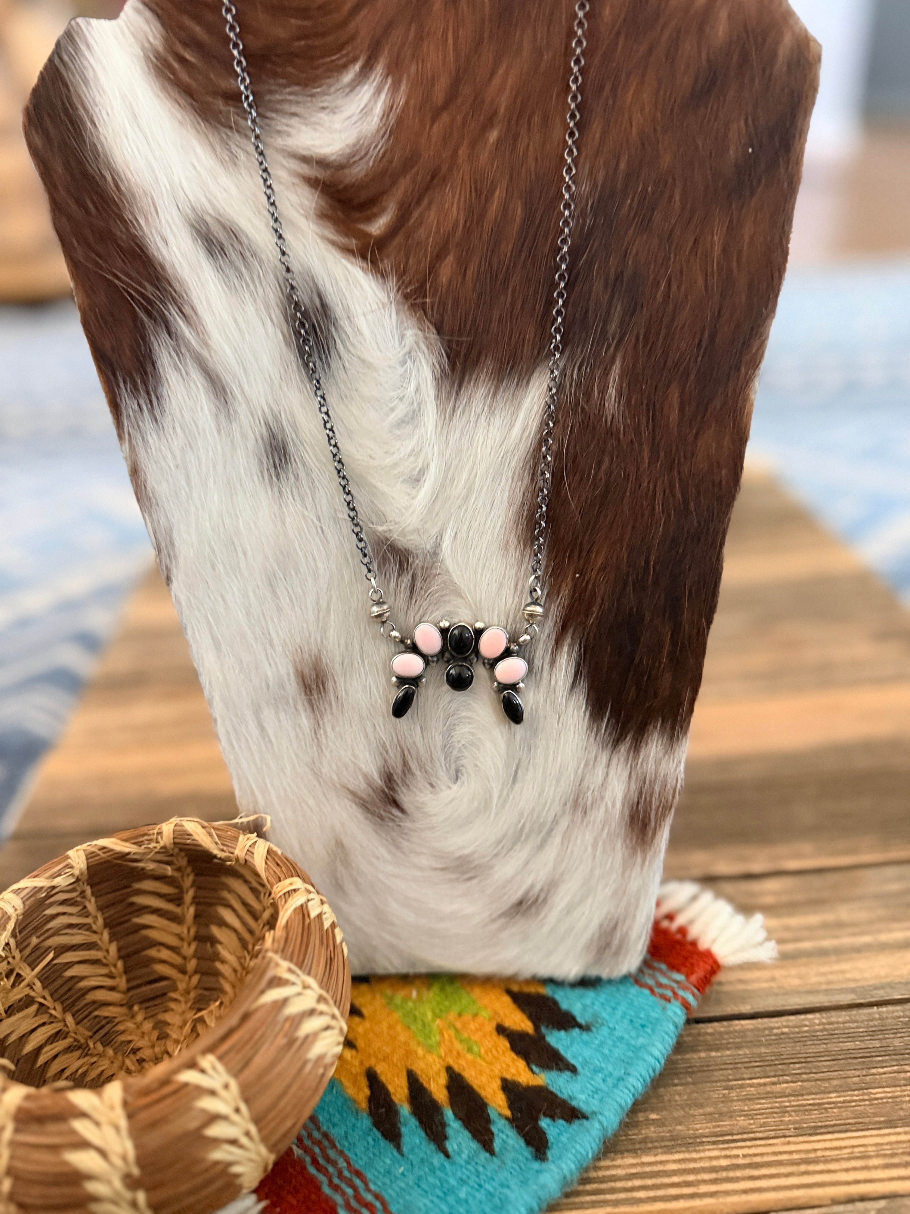 Handcrafted Queen Pink Conch, Onyx & Sterling Silver Naja Necklace by Jacqueline Silver